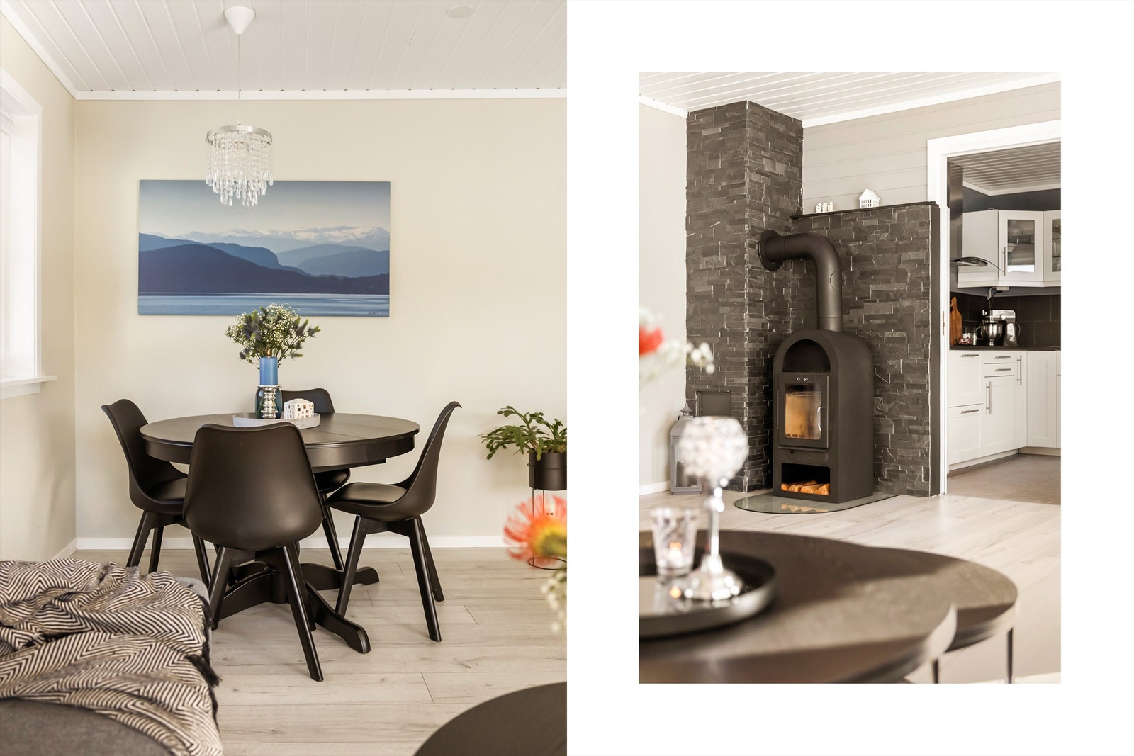 En kombinasjon av spiseplass og en hyggelig peisovn skaper en god atmosfære i stuen. Galleribilde