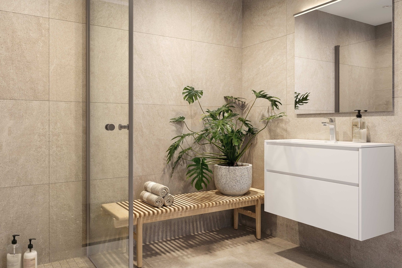 - Badet leveres med Marazzi Factor Grigio-fliser i størrelsen 60x60 for et stilrent og moderne uttrykk - (Merk! Bilde er ikke av denne bolig) Galleribilde