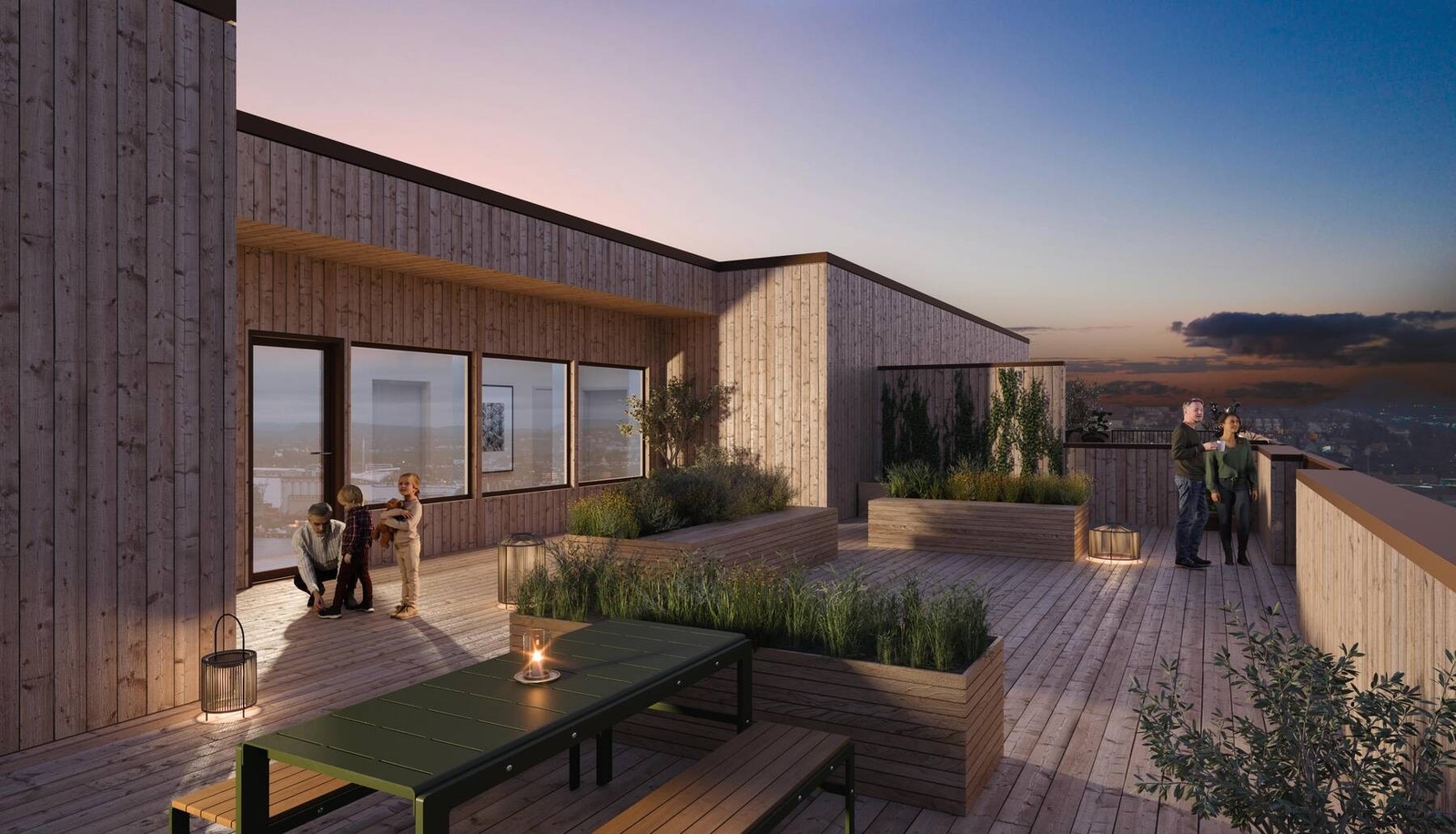 - Sandsli Stasjon blir bygget med fokus på rekreasjon, tilgjengelighet og en mer behagelig hverdag, herfra felles takterrasse på plan 5 - Galleribilde