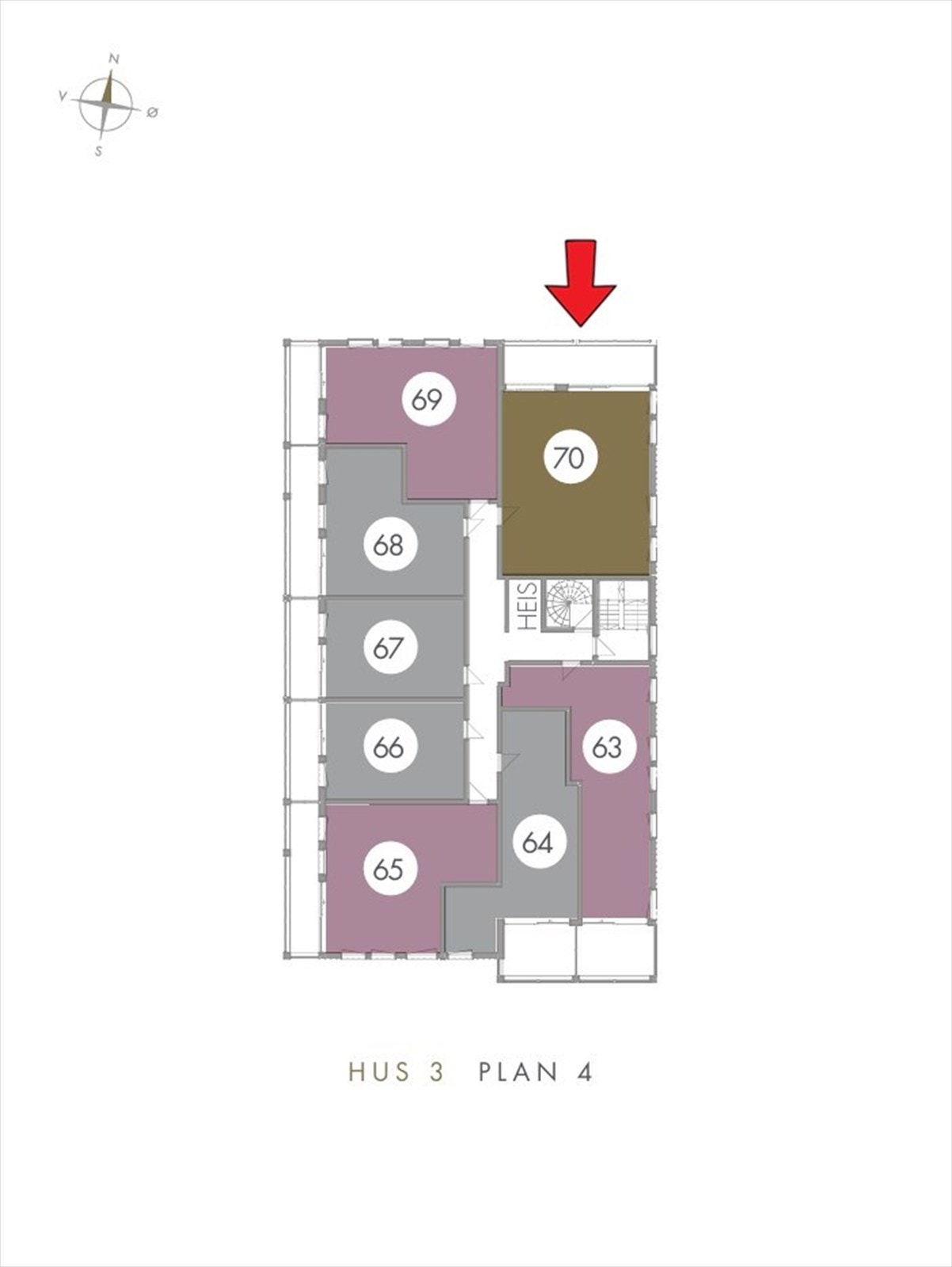 Etasjeplan med markering av leilighetens beliggenhet. Galleribilde