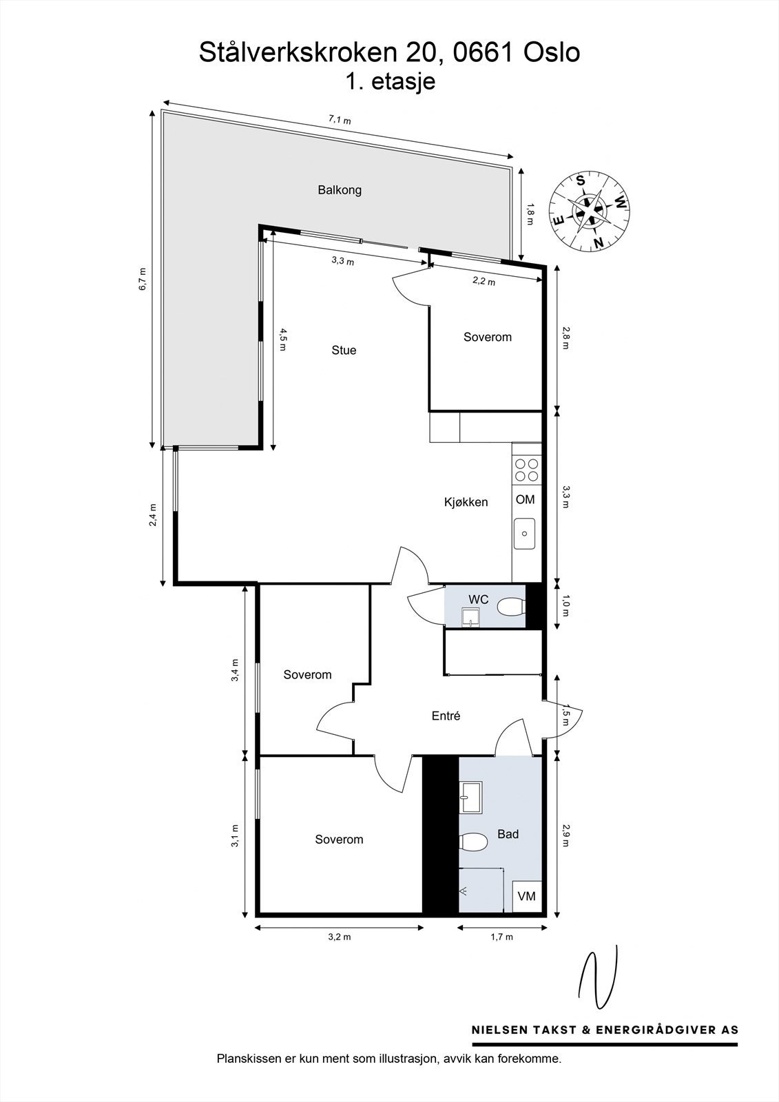 Leiligheten har en gjennomtenkt planløsning på 78 m² med tre soverom, bad og separat toalettrom. Galleribilde