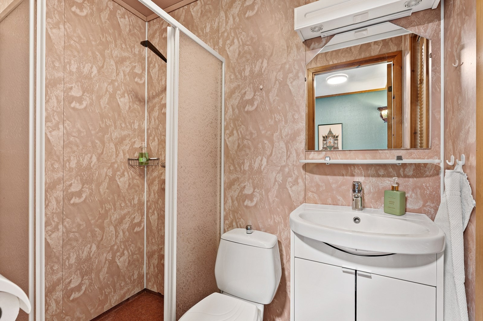 Bad i hovedetasje innredet med servant, toalett og dusjhjørne Galleribilde