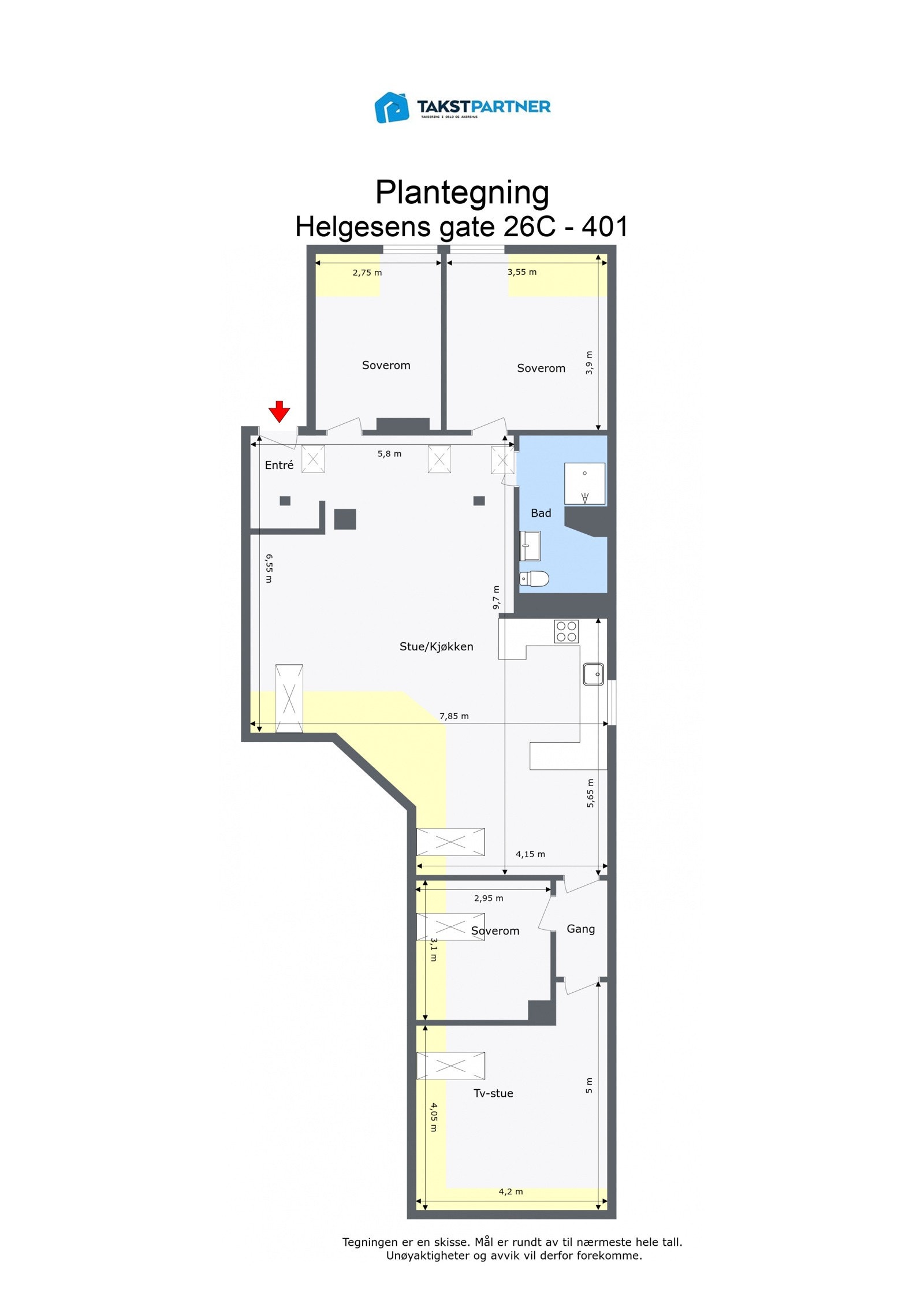 Plantegning 4. etasje. I tillegg disponerer leiligheten en kjellerbod på ca. 7,5m². Galleribilde