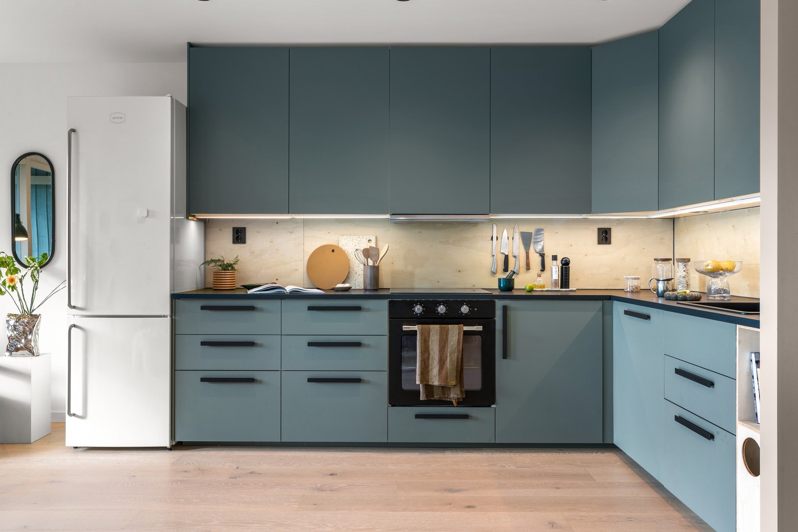 Kjøkkenet har induksjonsplatetopp, stekeovn, oppvaskmaskin og plass for kjøleskap Galleribilde