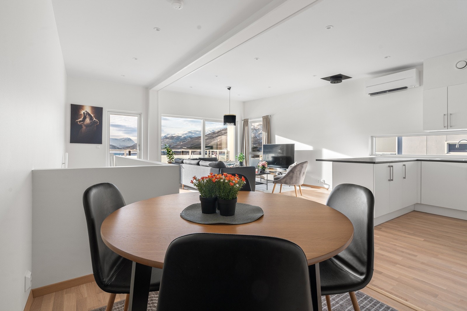 Plass til spisebord av god størrelse med plass for hele familien.