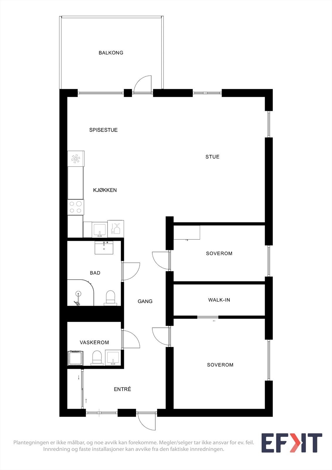 Plantegningen viser en arealeffektiv planløsning med to soverom, bad, separat vaskerom og walk-in-closet. Galleribilde