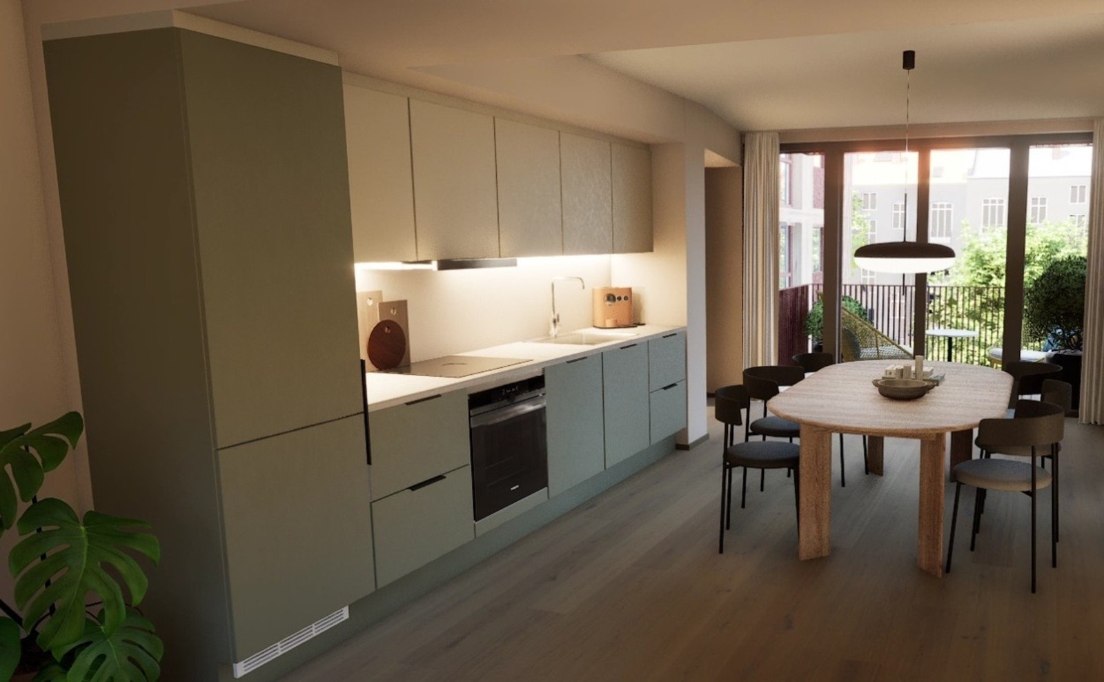 Innholdsrikt og praktisk kjøkken levert av HTH, leiligheten befinner seg i byggets nest øverste etasje og vil ha tilgang til stor felles takterrasse. Innvendig bilde er hentet fra illustrasjonsmodell av tilsvarende leilighet i etasjen under. Avvik kan for Galleribilde