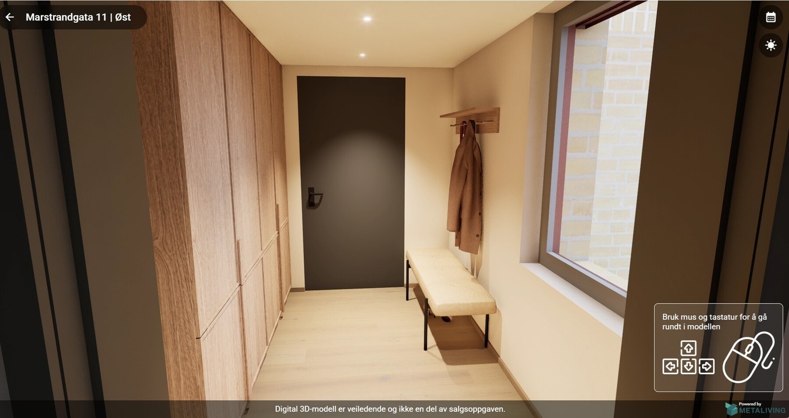 Lyst og luftig inngangsparti med store vindusflater. En hyggelig velkomst. Innvendig bilde er hentet fra illustrasjonsmodell av tilsvarende leilighet i etasjen under. Avvik kan forekomme, herunder bedre solforhold i aktuell leilighet som selges på kontrak Galleribilde