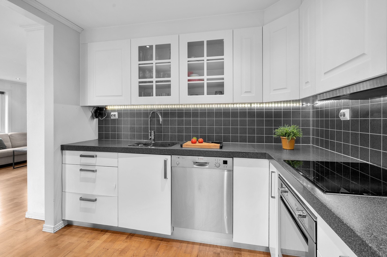 Hvitevarer som oppvaskmaskin og komfyr med koketopp medfølger. Galleribilde