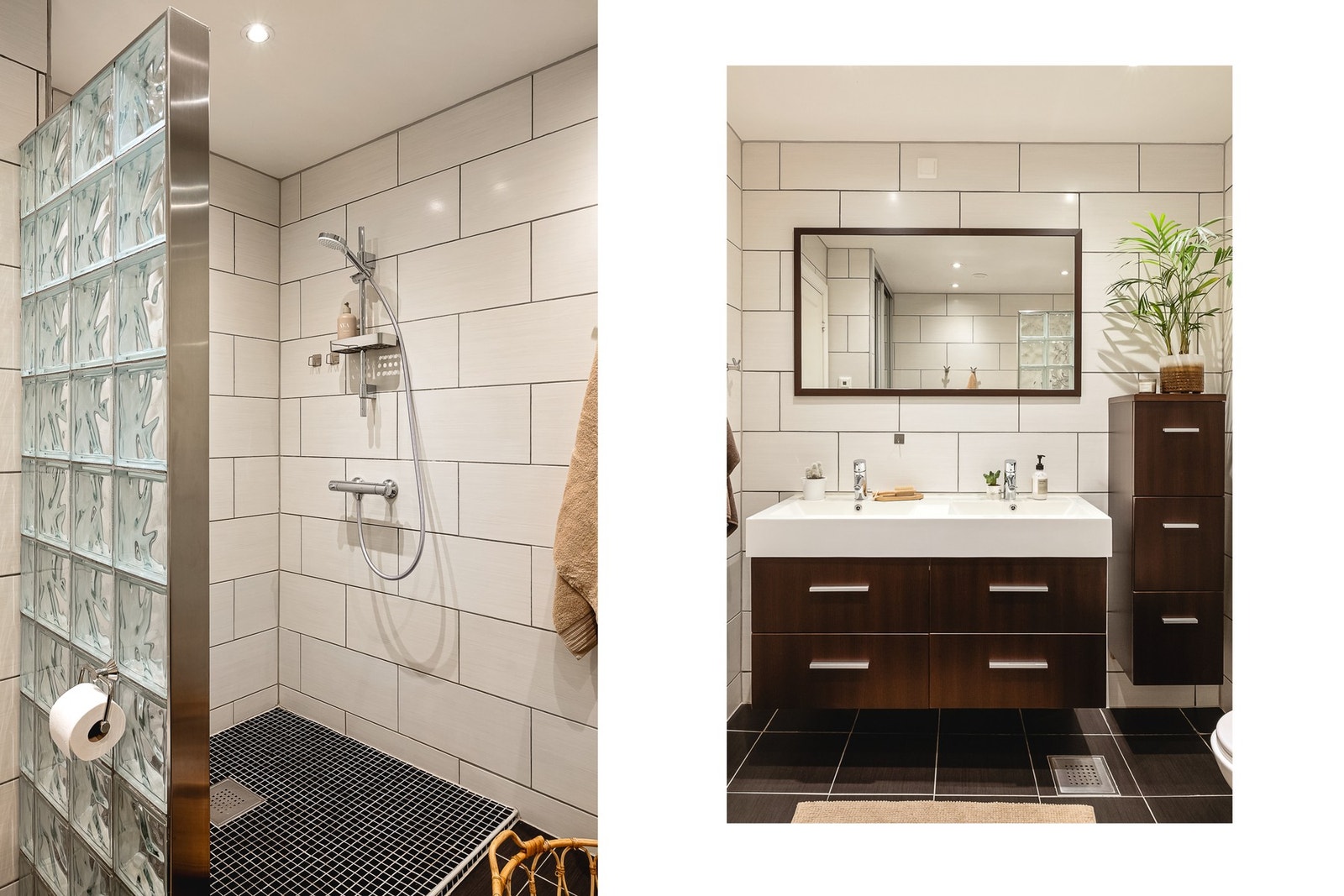 Badet inneholder vegghengt toalett, dobbel helstøpt servant, dusjgarnityr, opplegg for vaskemaskin og varmtvannsbereder. Galleribilde