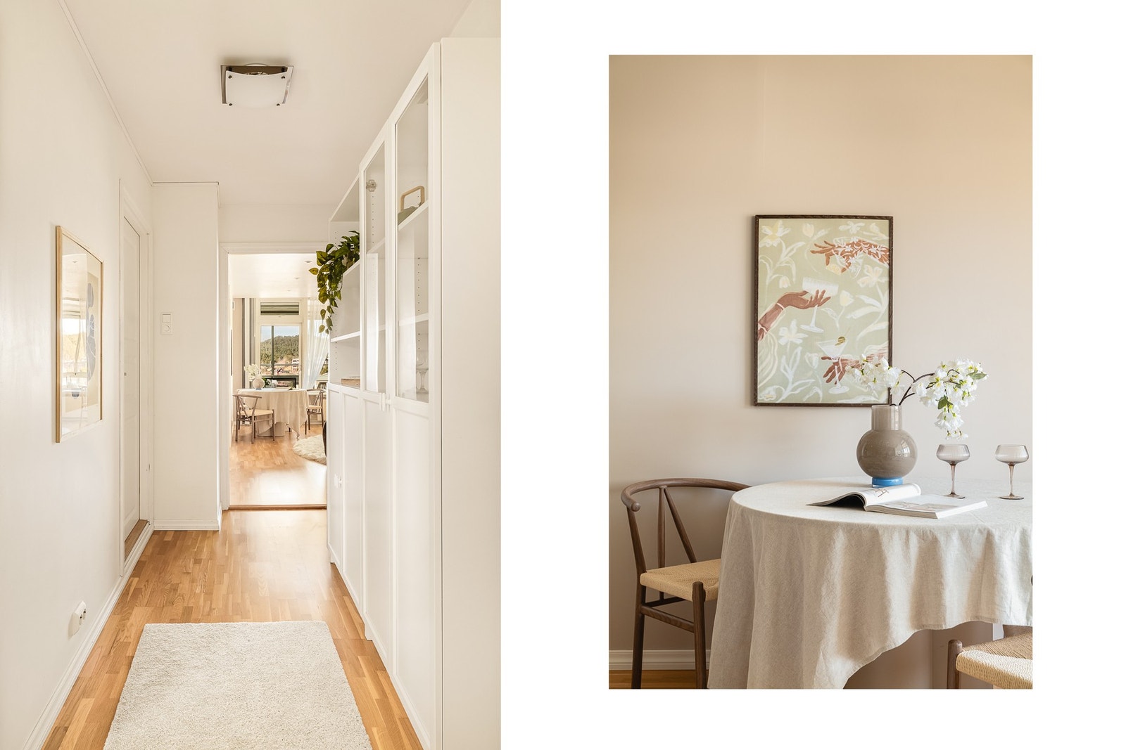 Gangen har parkett på gulvet, gode oppbevaringsmuligheter og en naturlig overgang videre inn til stuen. Galleribilde