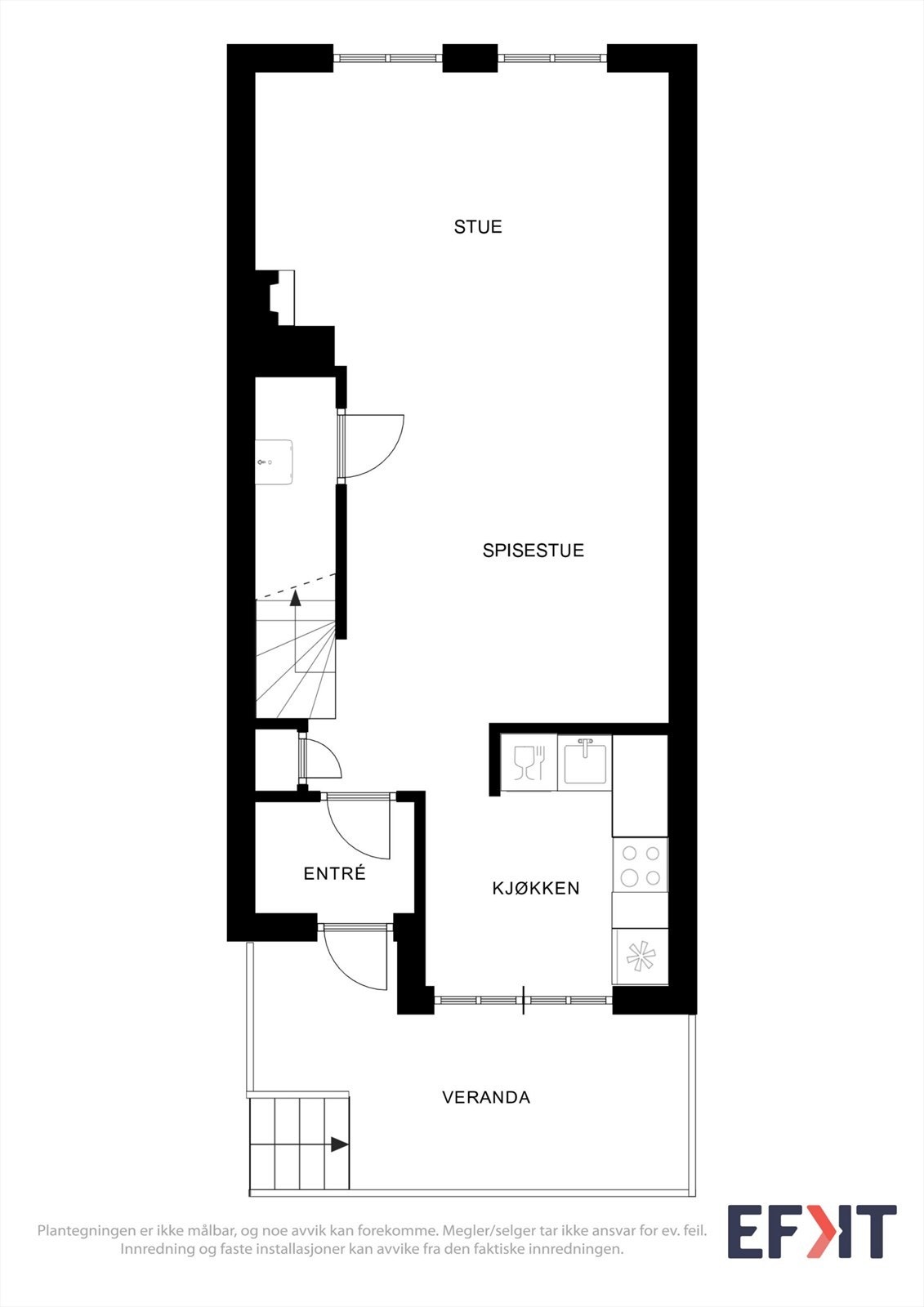 4 Plantegning: Leilighetens første plan rommer entre, kjøkken, liten bod med v.v.bereder og vask, romslig stue m/spiseplass Galleribilde