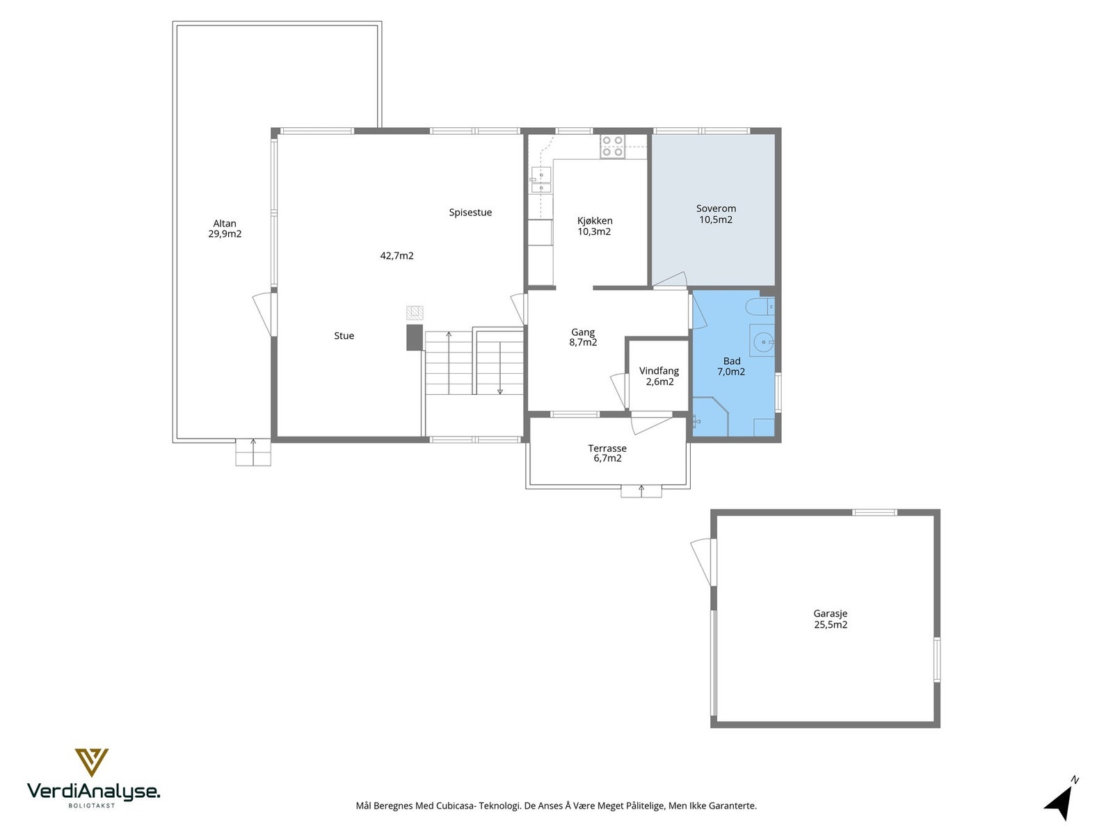 Planskisse av boligens 1.etasje og garasje. Galleribilde