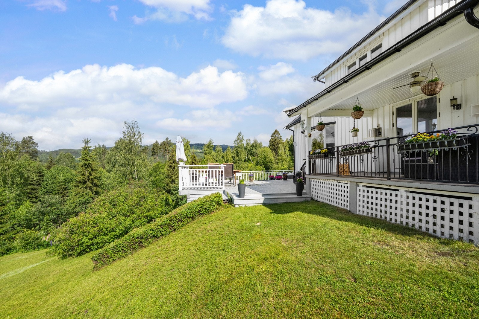 Pent opparbeidet hage med plen og rikelig med beplantning Galleribilde