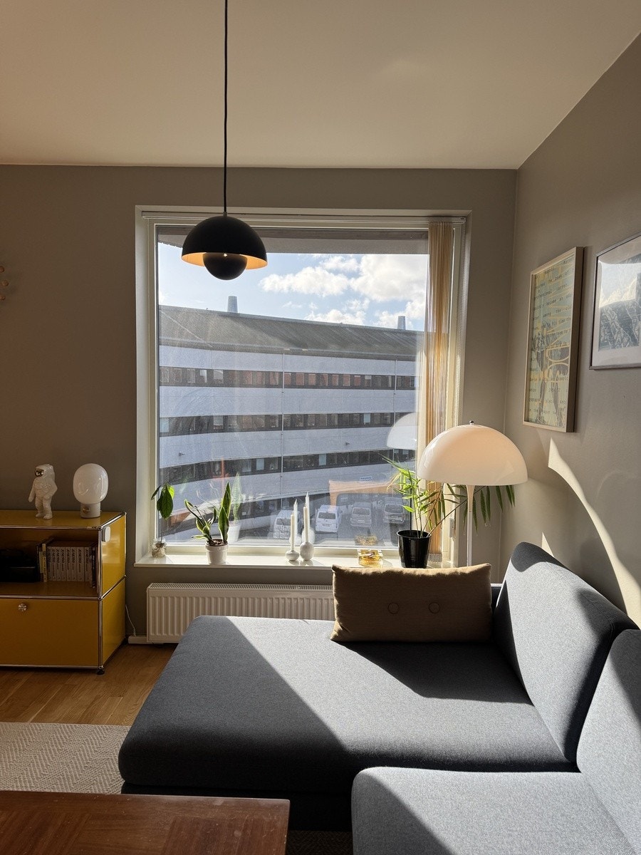 Mye lys inn til stue fra store vindusflater Galleribilde