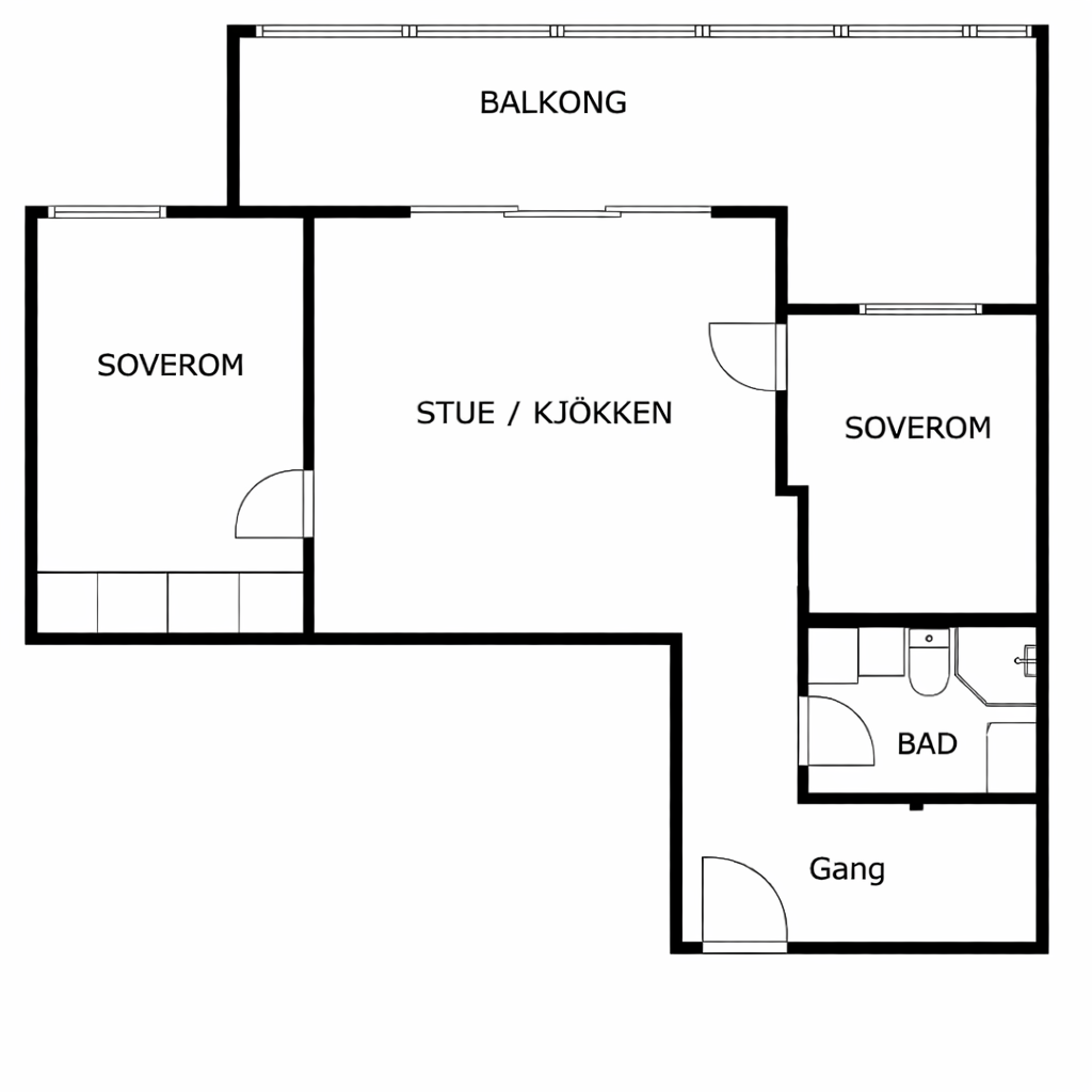 Plantegning som viser stue/kjøkken, bad, gang, to soverom og balkong Galleribilde