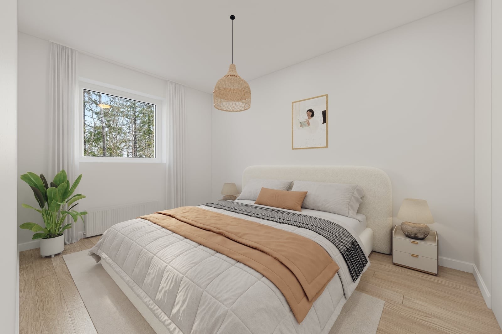 En visualisering av hvordan hovedsoverommet kan innredes for en lun og behagelig atmosfære. Galleribilde