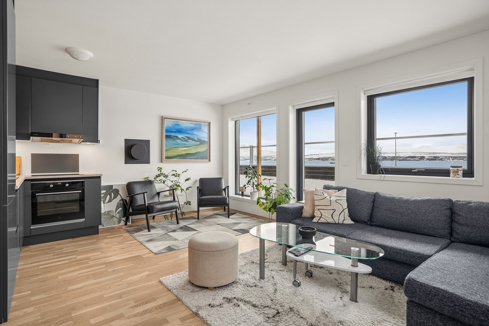 Fin sammenheng mellom stue- og kjøkkendel. Galleribilde