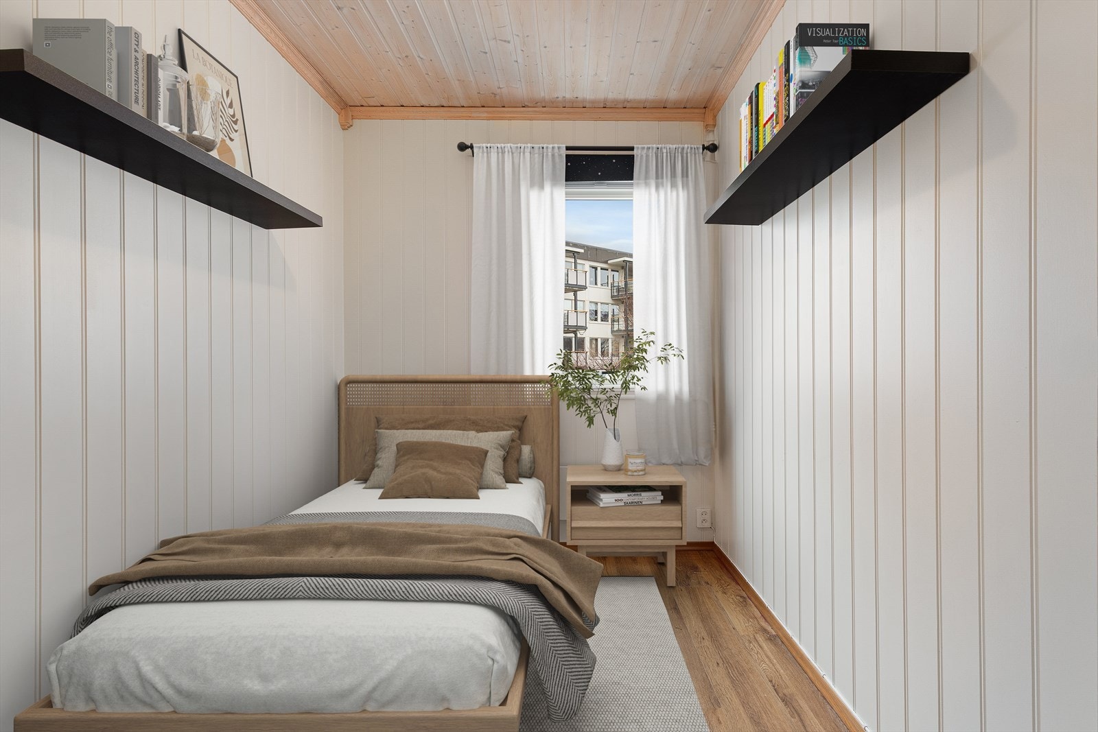 Soverom 2 har laminatgolv, malte MDF-veggplater og panel i himling. Galleribilde