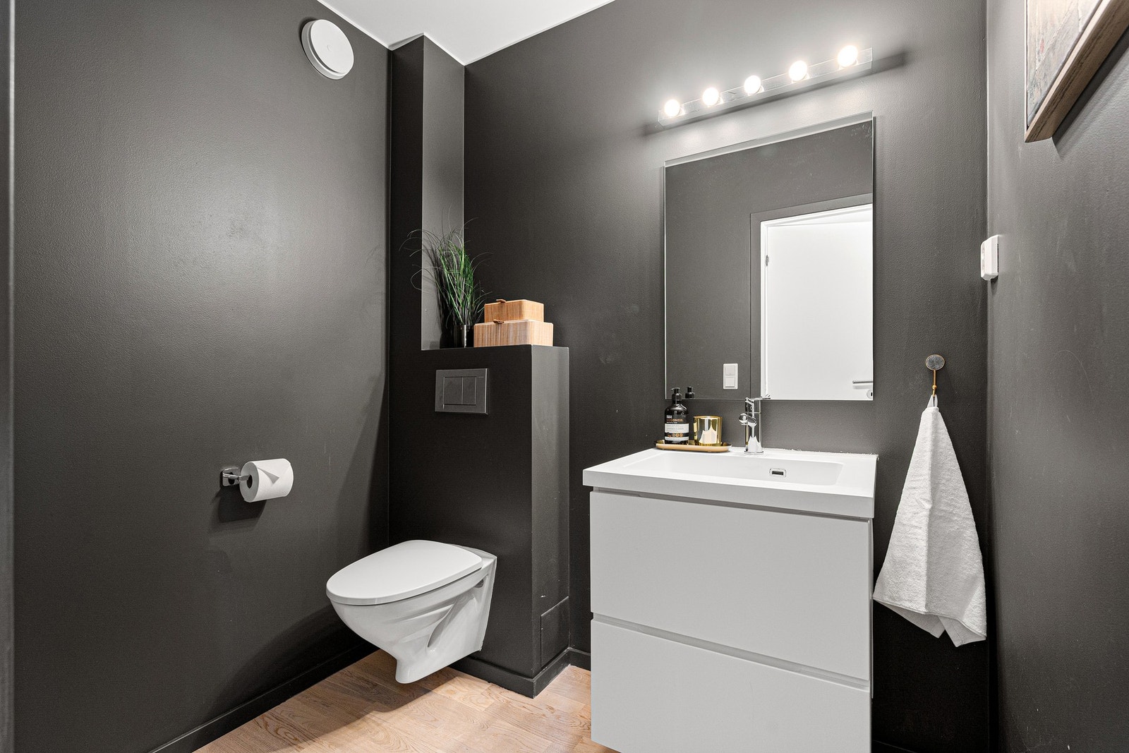 Kott som nå er innredet som toalettrom i 1.etasje (Omgjøringen er ikke omsøkt og godkjent av Trondheim kommune). Galleribilde