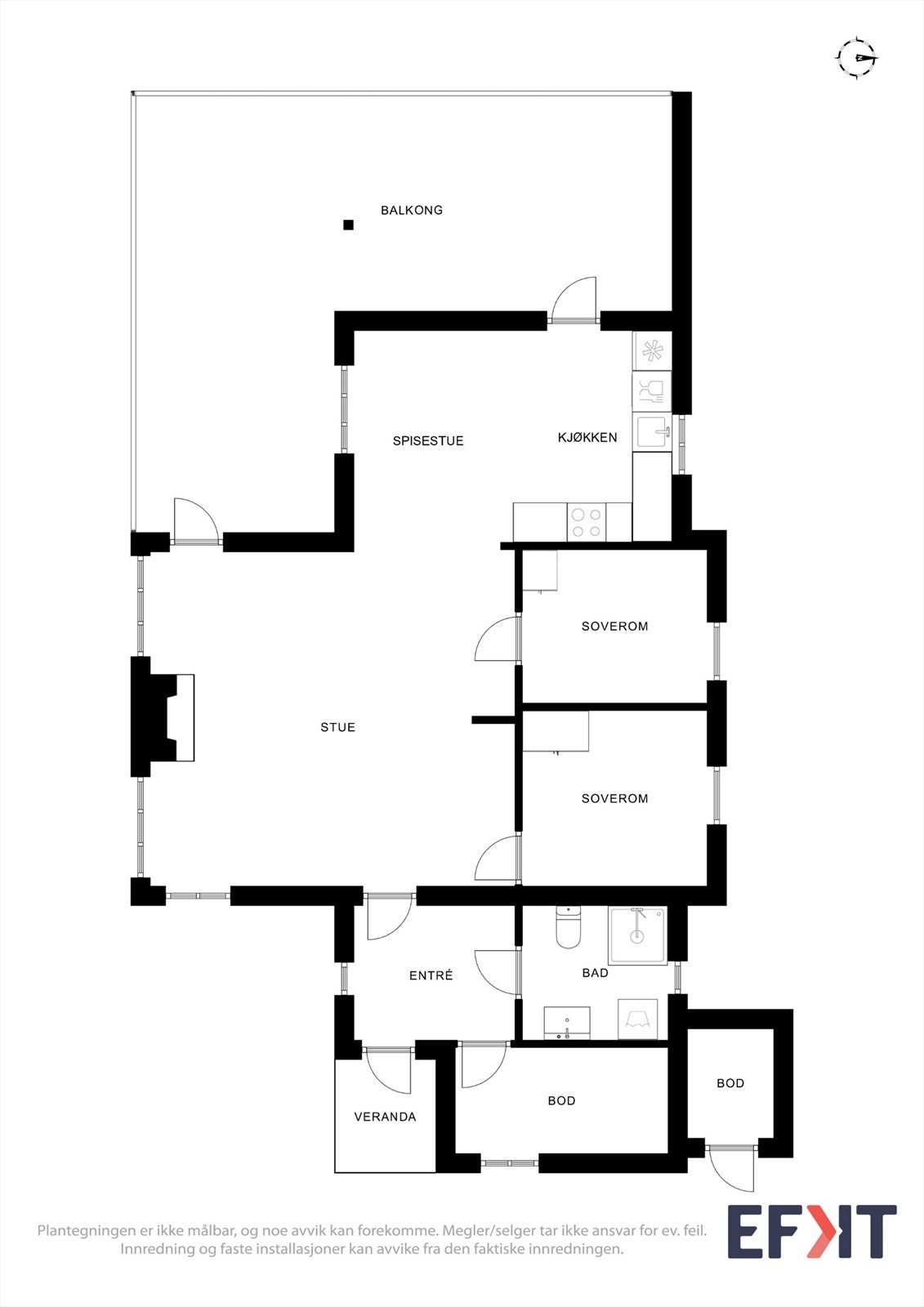 Hytta har en arealeffektiv planløsning på 75 m² med åpen stue- og kjøkkenløsning, to soverom, bad og en praktisk hems. Galleribilde