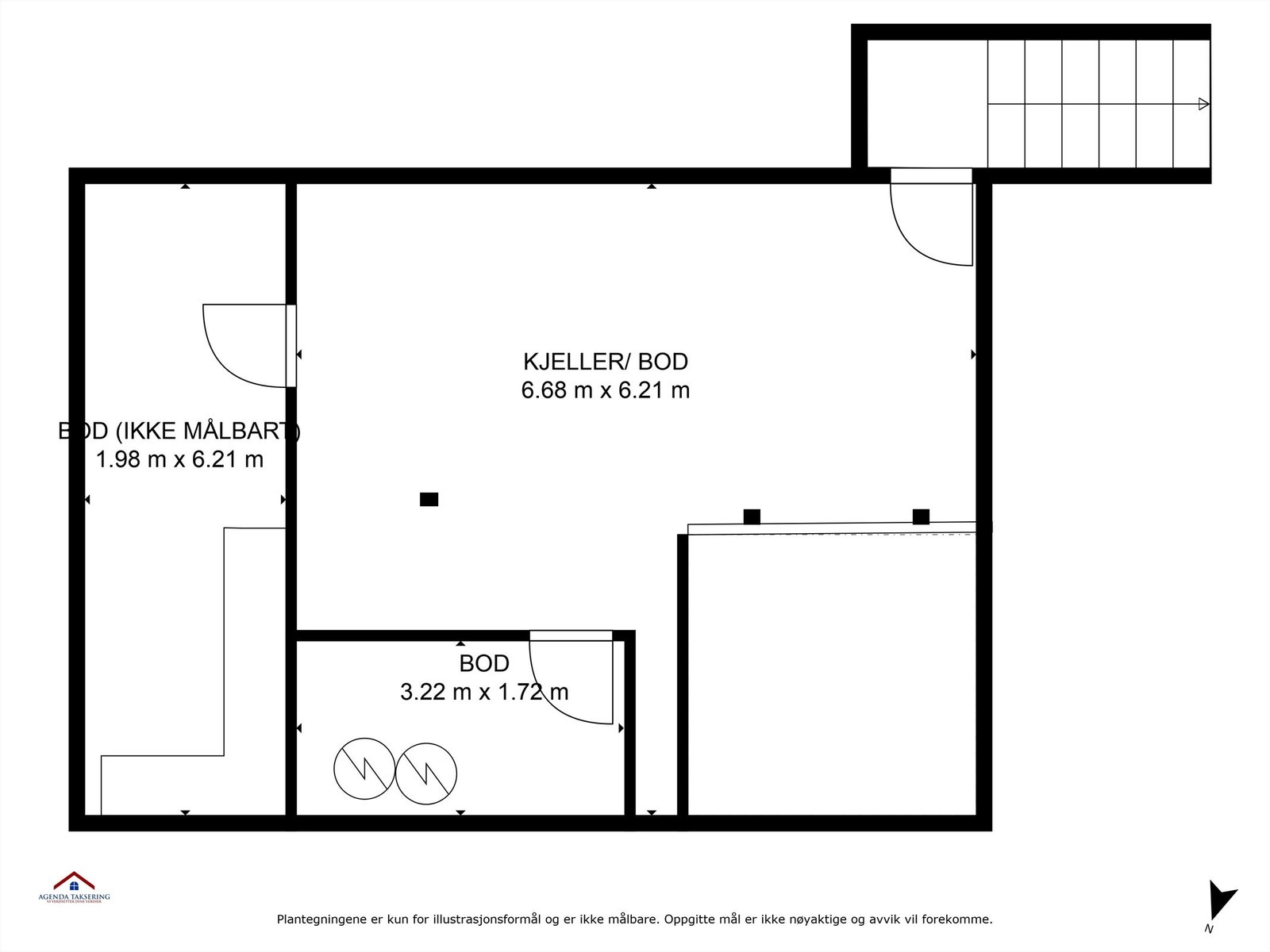 Plantegning med innvendige mål og himmelretning. Galleribilde