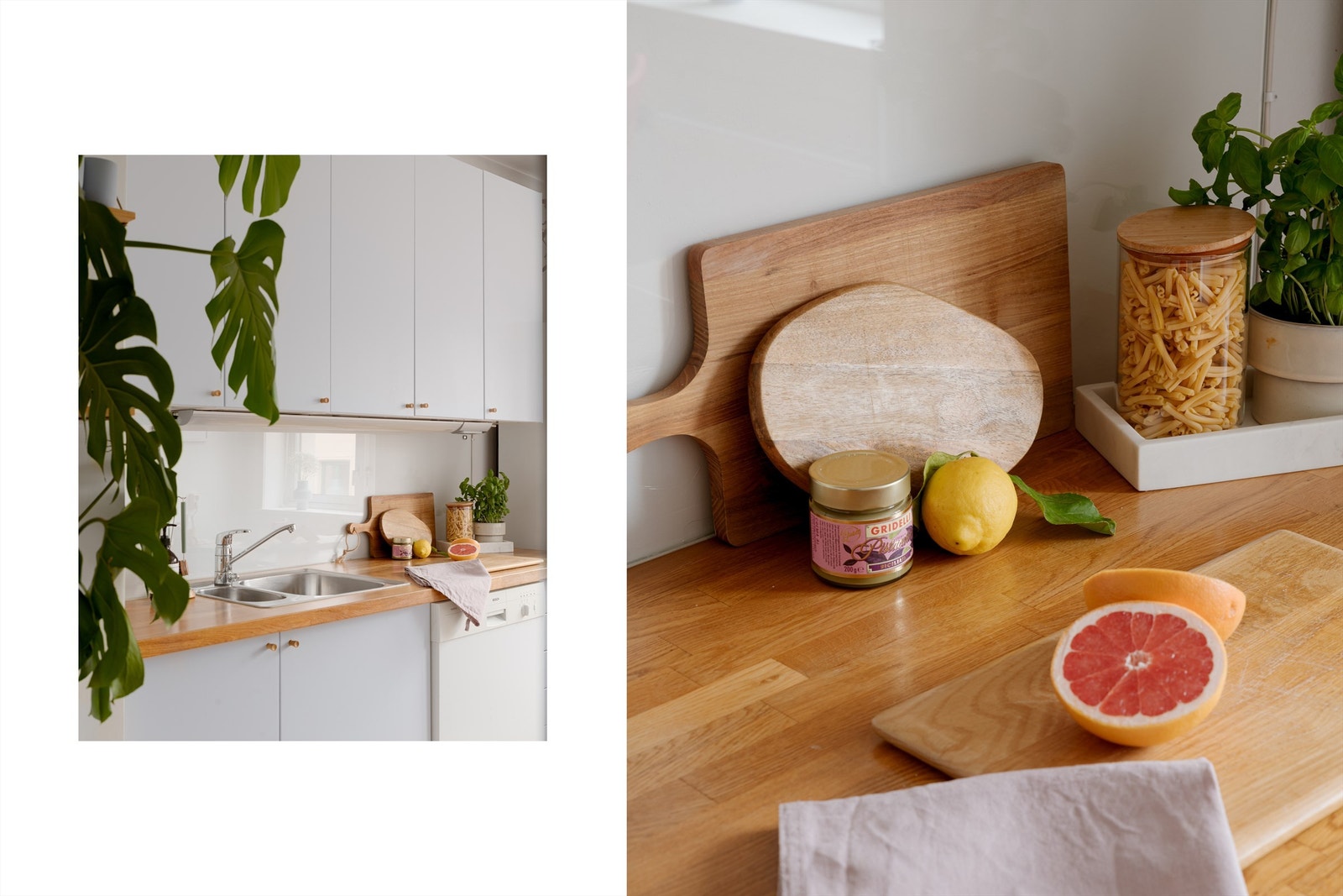 Kjøkkeninnredningen fra IKEA har glatte fronter og en solid benkeplate i heltre med nedfelt kum. Galleribilde