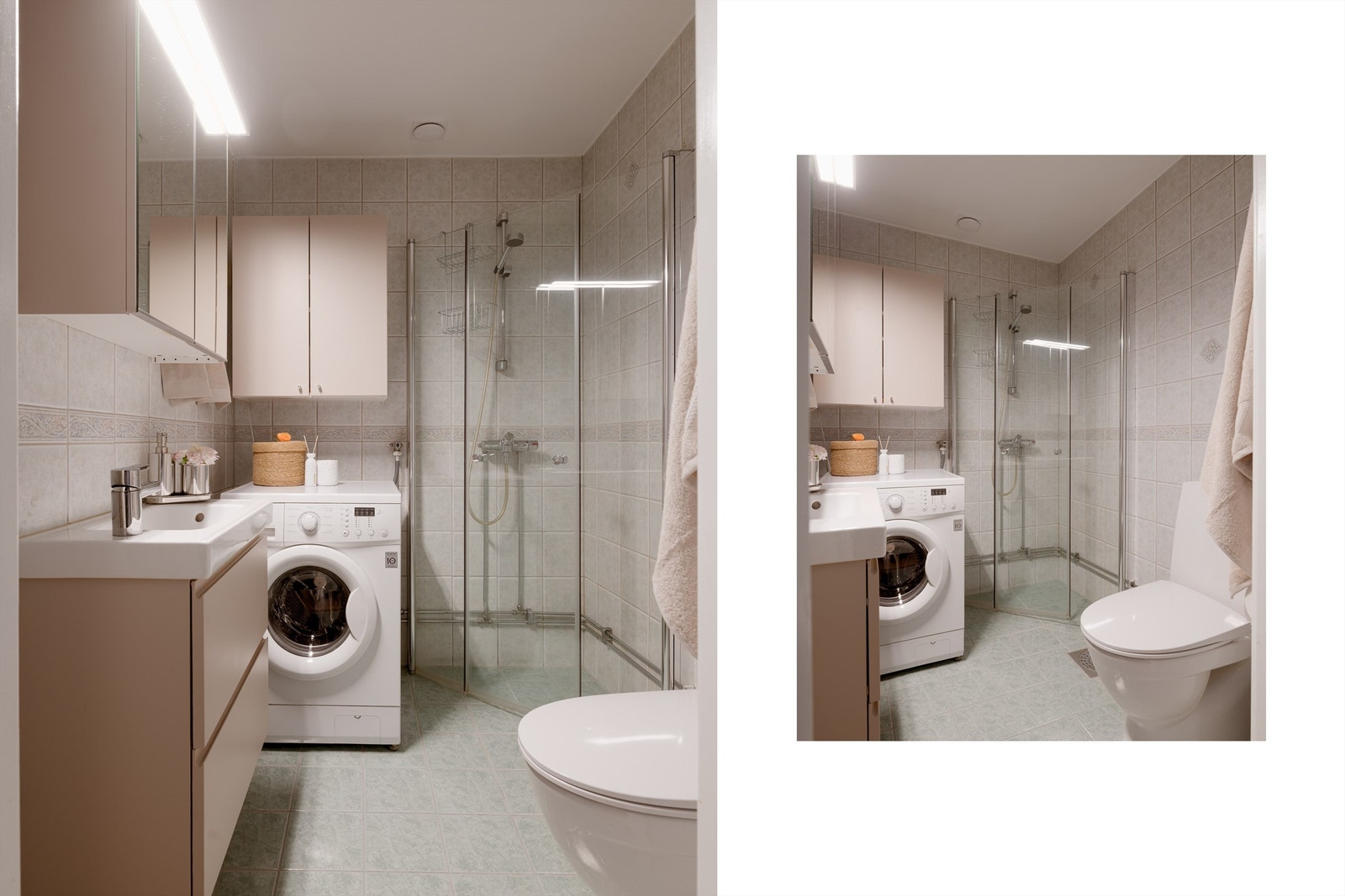 Badet ble oppgradert i 2020 med ny innredning, toalett og dusjvegger. Det er opplegg for vaskemaskin. Galleribilde