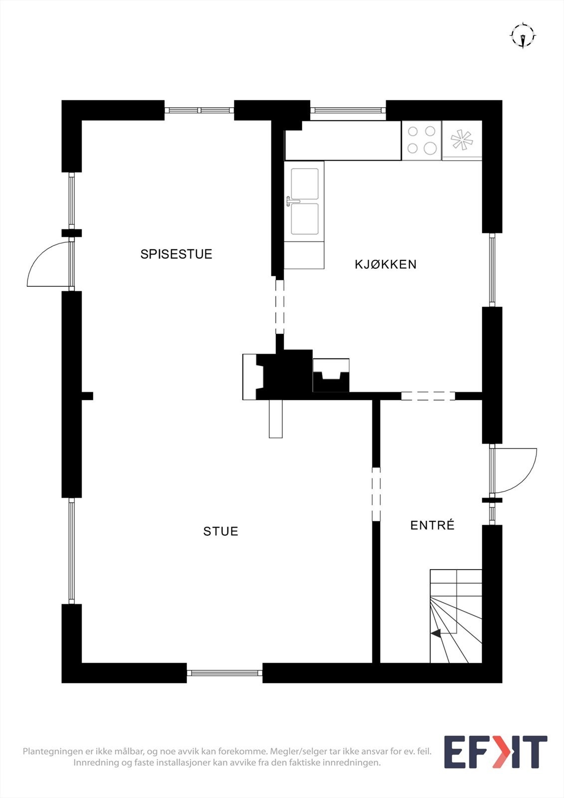 Første etasje har en tradisjonell planløsning med entré, kjøkken og en romslig stue med spisedel. Galleribilde