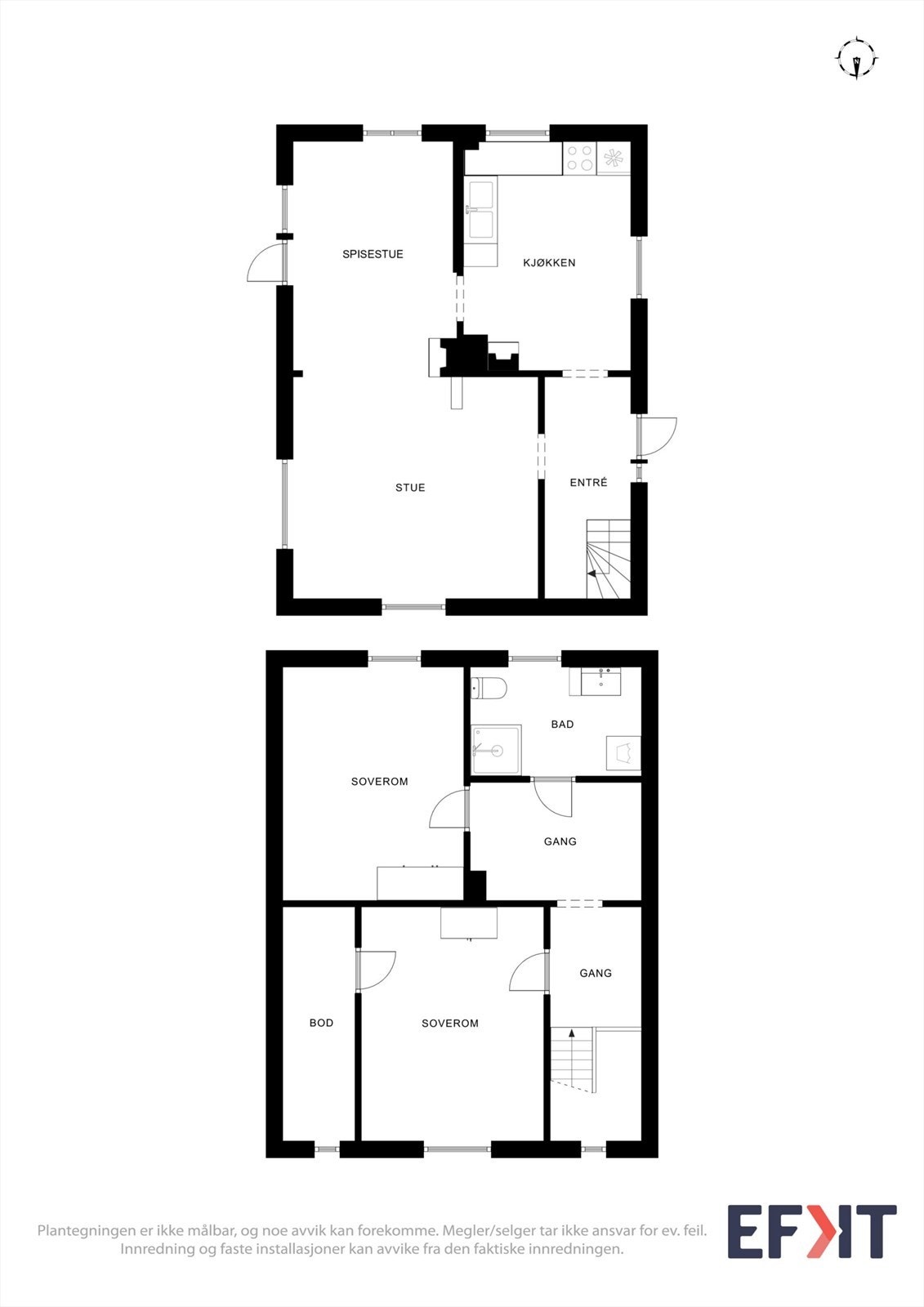 Plantegningen gir en god oversikt over boligens totale arealfordeling over to etasjer. Galleribilde