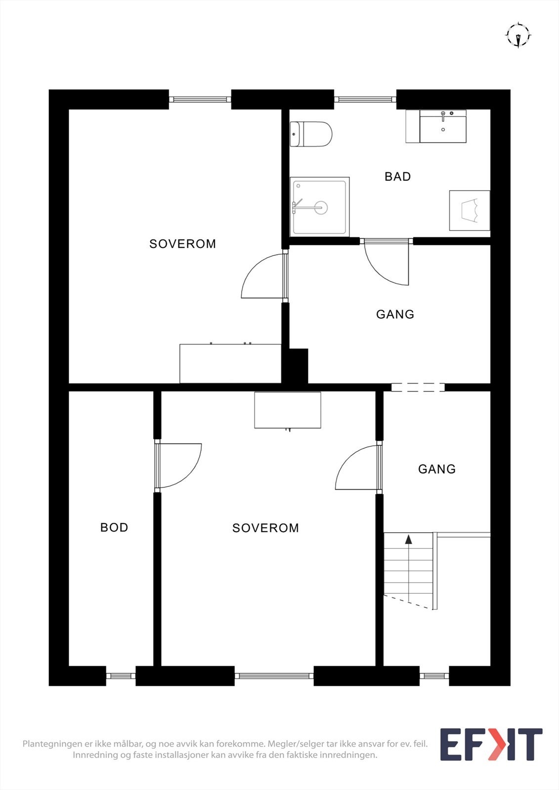 Andre etasje er innredet med to soverom, bad, gang og en praktisk bod. Galleribilde