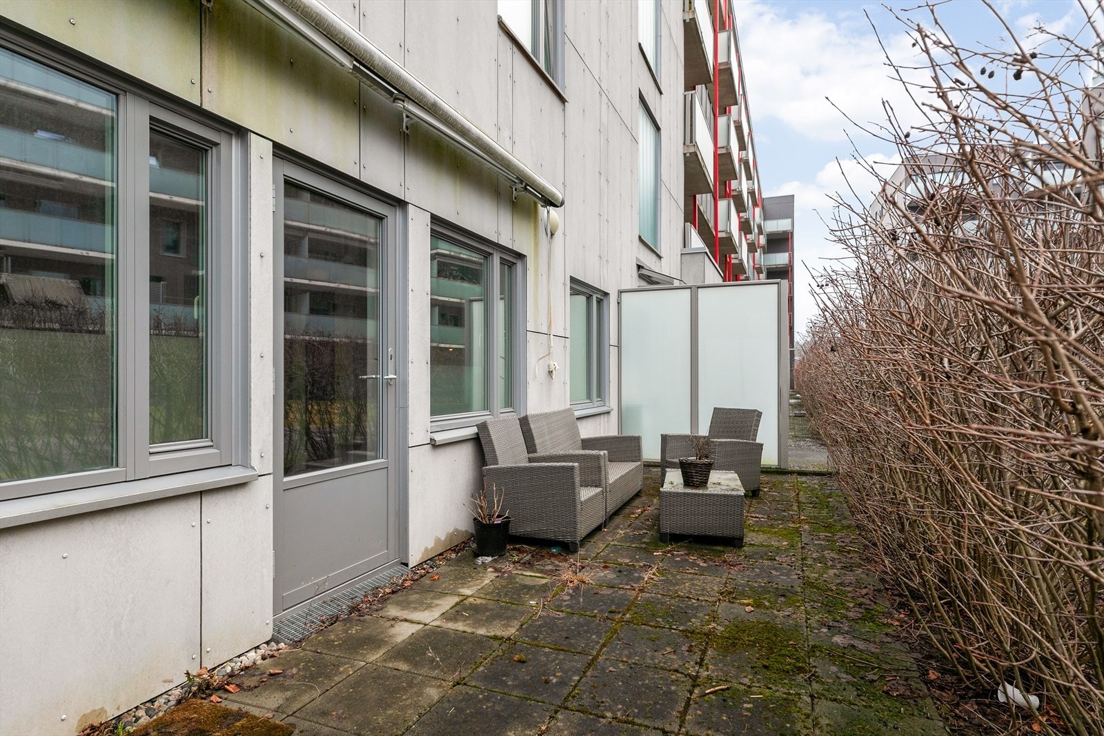 Markterrassen er delvis skjermet av hekk og gir et privat uterom på bakkeplan. Galleribilde