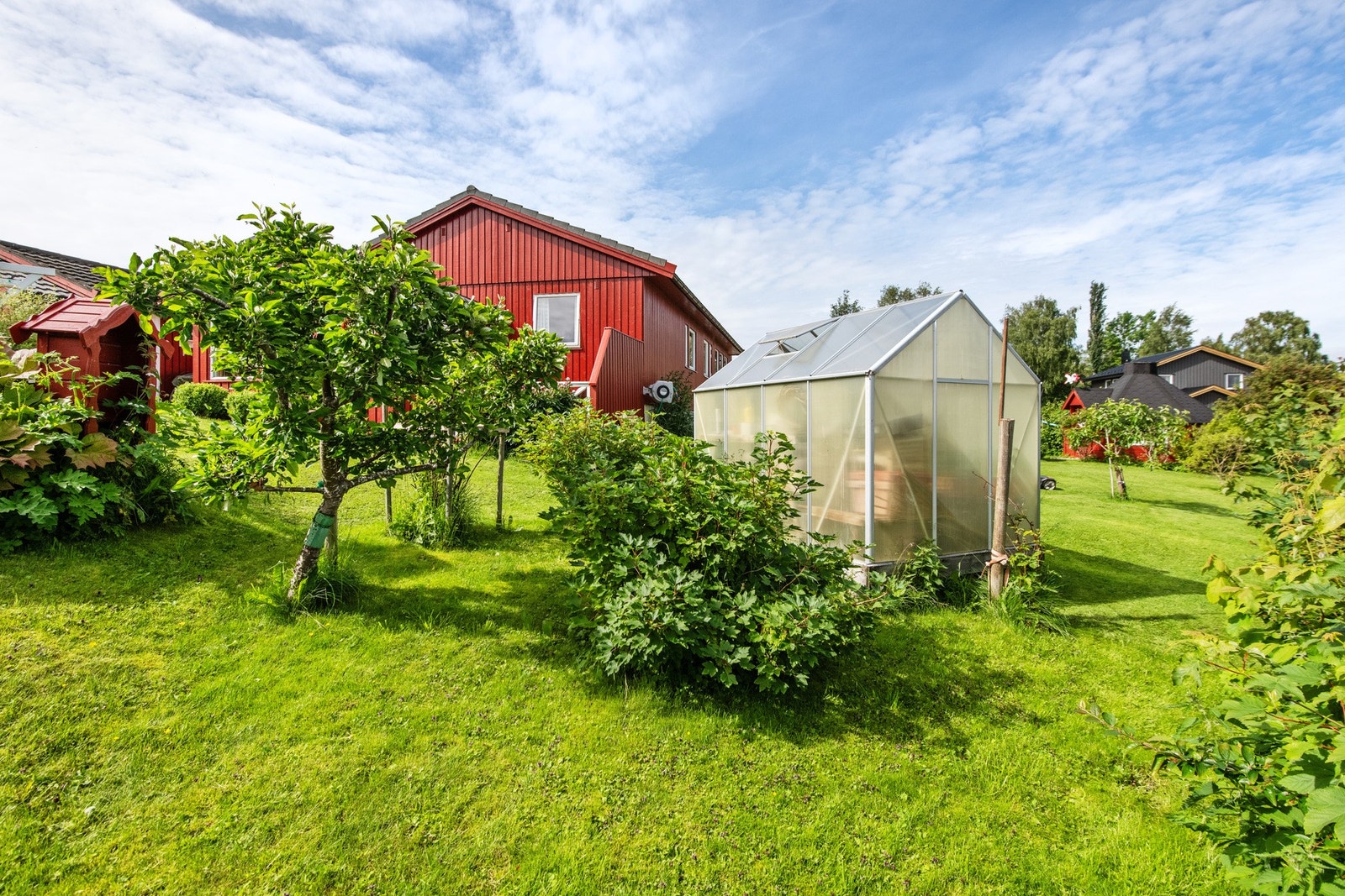Her er det gode muligheter for å dyrke selv. I hagen har du blant annet epletre, ripsbusk, solbær, bringebær og blåbær, samt et drivhus. Galleribilde