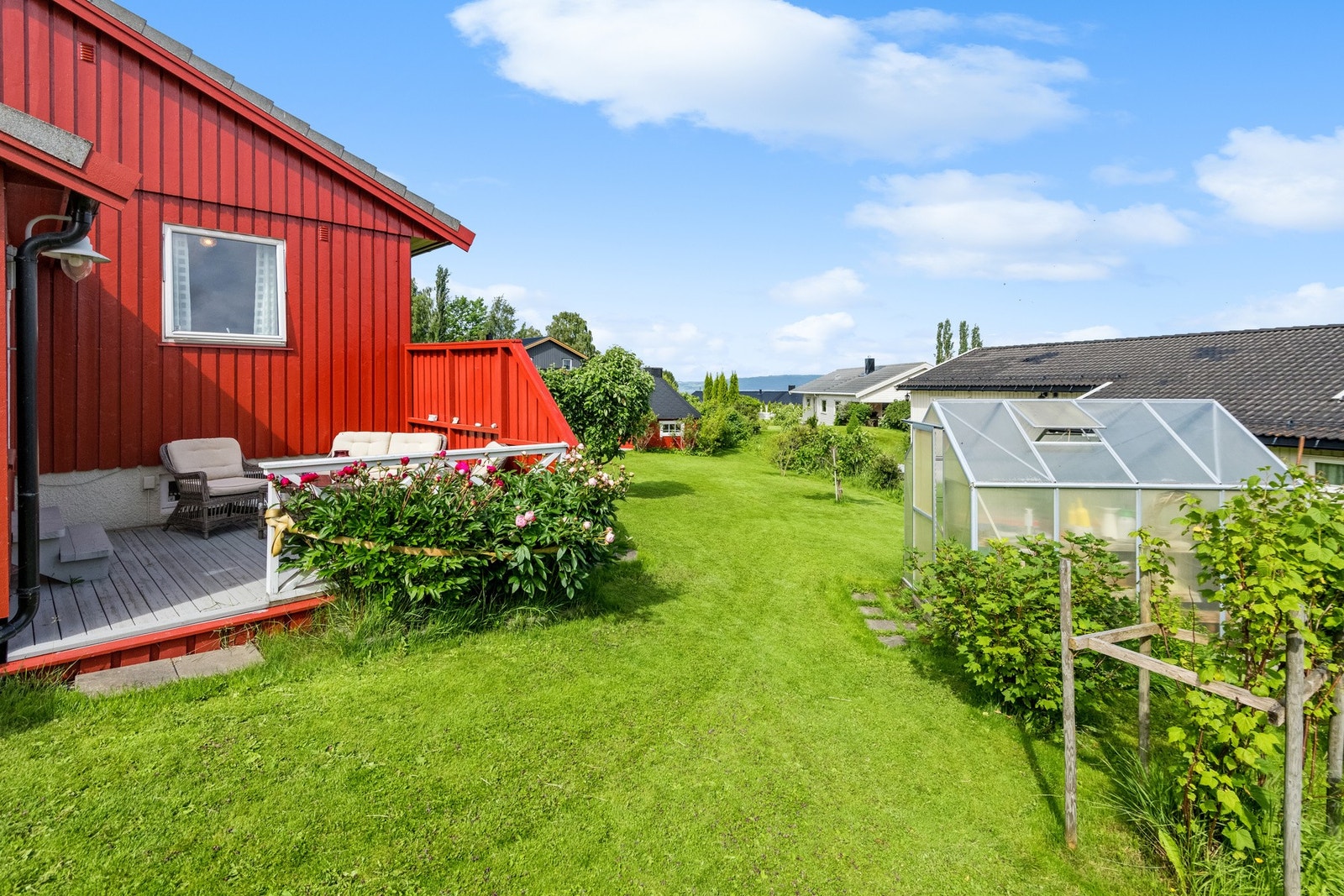 Hagen bugner av prydtrær, pioner, frukttre og bærbusker. Galleribilde