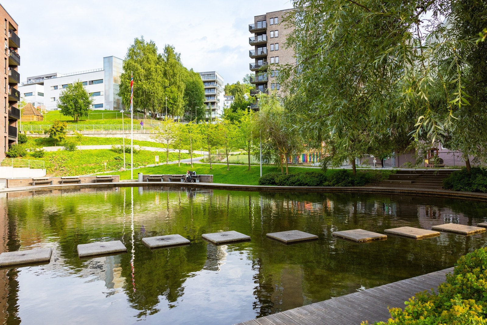 Kværnerbyen er pent opparbeidet og gjennomført med beplantninger, og det er flere hyggelige sitteplasser som her ved Kværnerdammen. Galleribilde