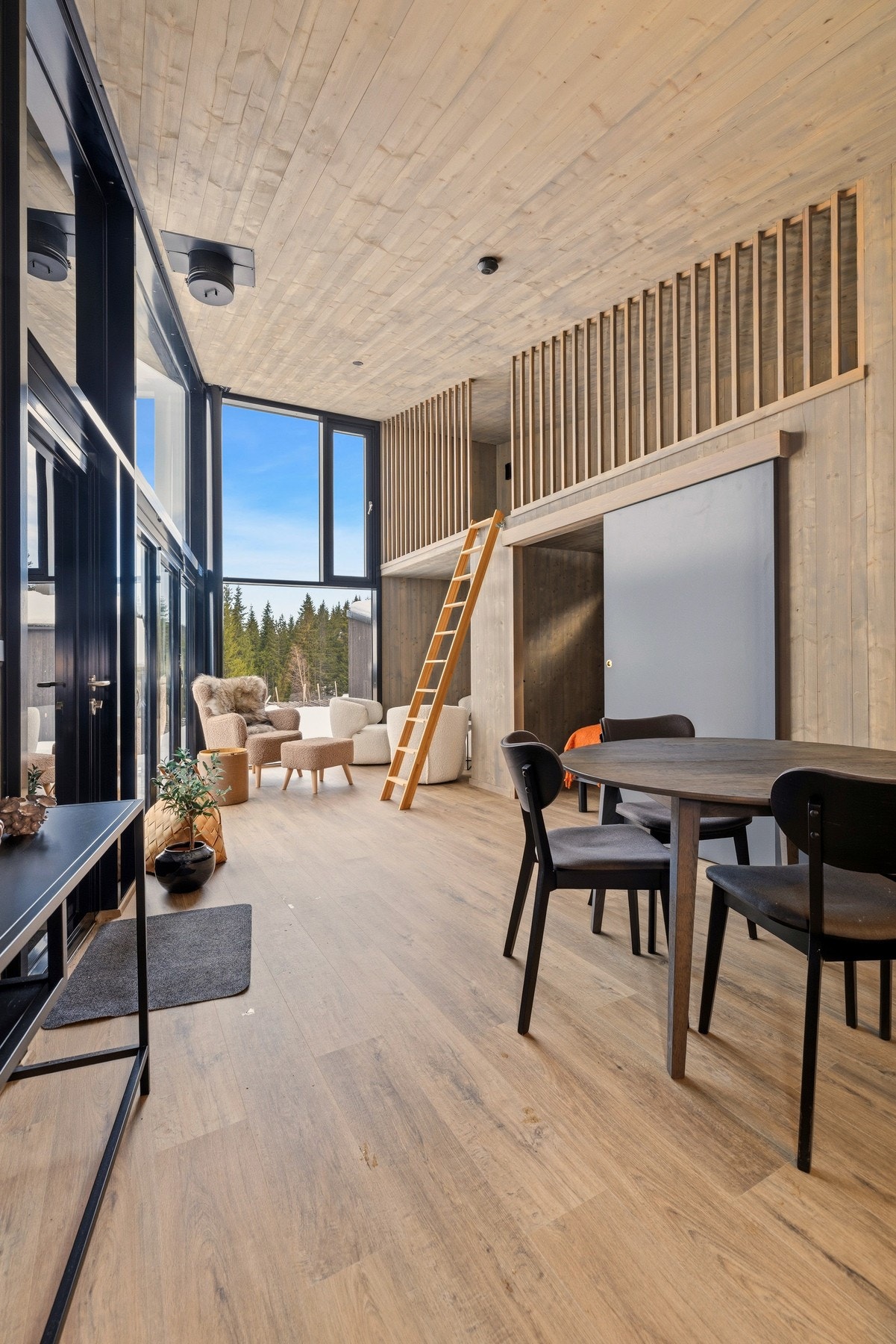 Planløsningen gir god plass til både spisebord og sofagruppe. Galleribilde