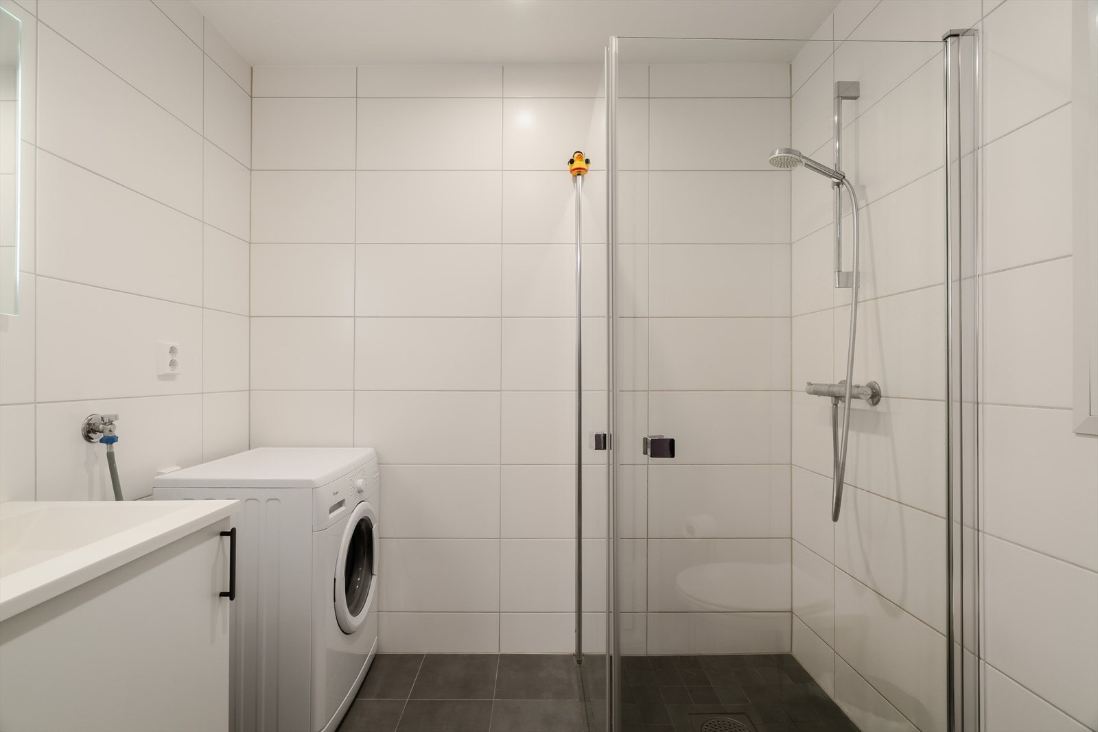 Flislagt og stilrent baderom med opplegg for vaskemaskin. Legger du merke til anda? Galleribilde