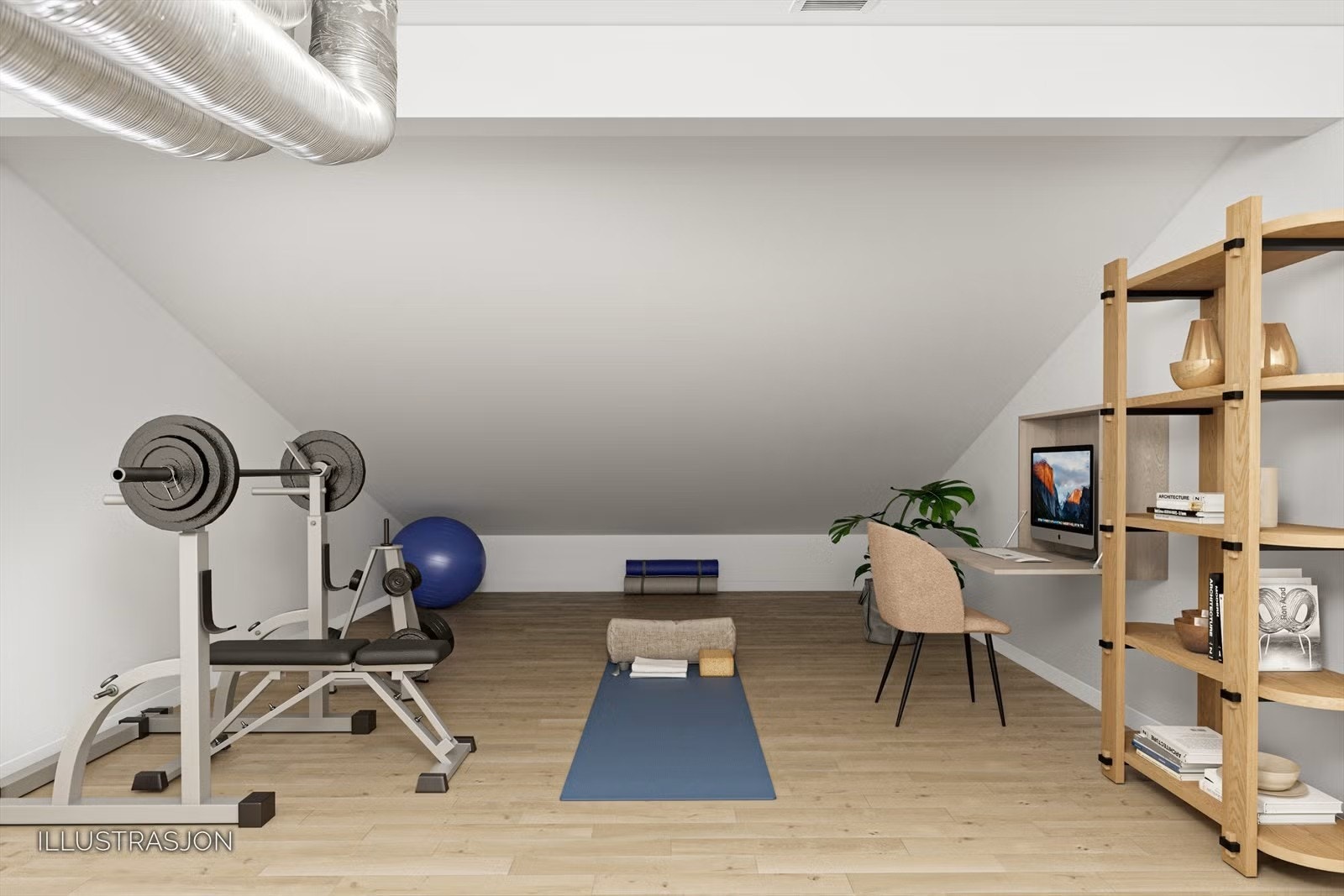 Loft med 12 kvm gulvflate som i dag benyttes som treningsrom. Kan også innredes med hjemmekontor. Galleribilde