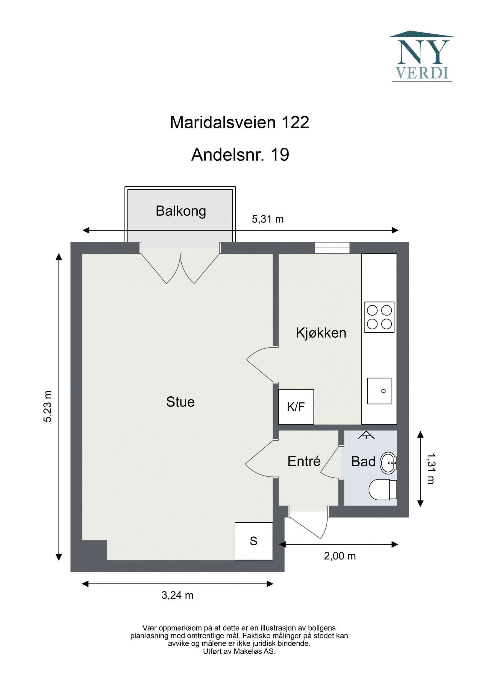 Plantegning 3. etasje med heis. I tillegg disponerer leiligheten en kjellerbod på ca. 1,7m². Galleribilde