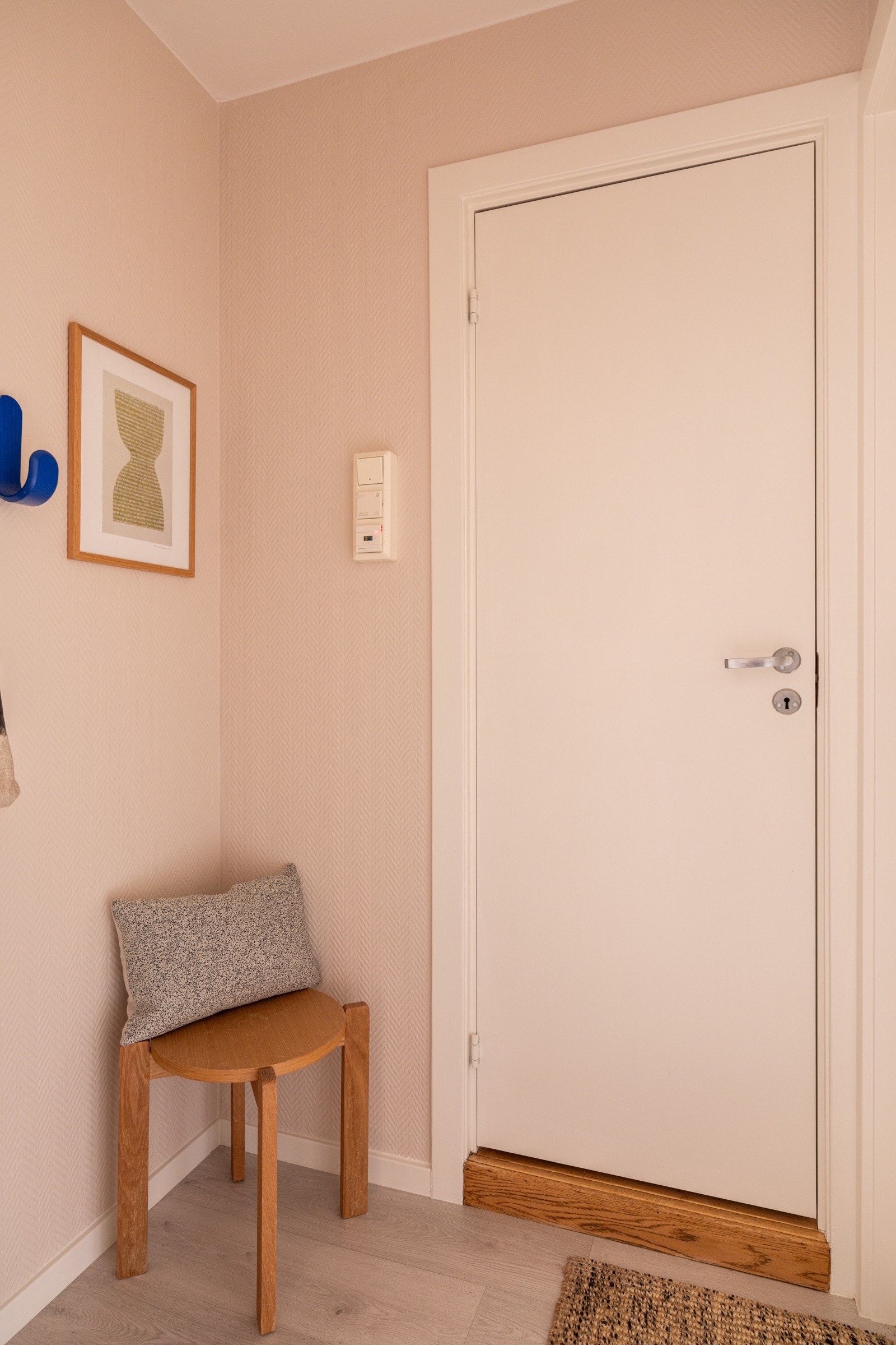 Entréen har god standard med enstavs laminat fra 2026 på gulv, glatte overflater malt i en fin farge og skjult elektrisk anlegg. Porttelefon montert på vegg Galleribilde