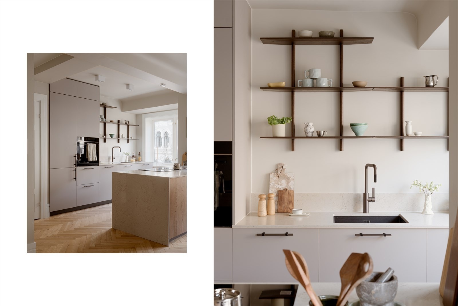 Innredningen kombinerer modellene Kali og Asia, med kjøkkenøy utført med heltre fronter. Galleribilde