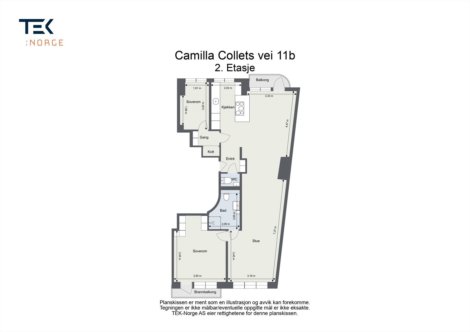Dagens planløsning. Leiligheten disponerer en kjellerbod på ca. 4 m² samt en loftsbod med gulvareal på ca. 7 m². Loftsboden er ikke måleverdig grunnet lav takhøyde. Sameiet har også felles sykkelbod og fellesvaskeri. Galleribilde