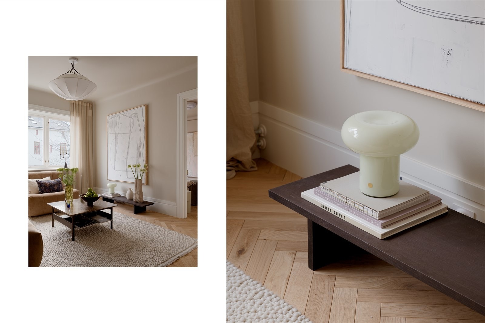 Interiørarkitekt har utarbeidet et gjennomgående farge- og materialkart tilpasset kjøkken, bad, stue, garderobeløsninger, gulv, fliser, møbler og belysning. Galleribilde