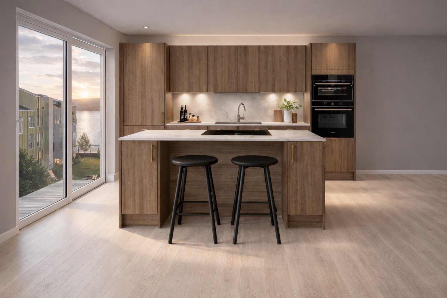 Kjøkkenet leveres fra Sigdal i den tidsriktige og elegante modellen Favn Nøtt. Kjøkkenet er godt utstyrt med integrerte hvitevarer fra Siemens, samt et integrert vinskap i høyskap (Kun illustrasjon, avvik vil forekomme -utsikt og belysning er ikke reell) Galleribilde