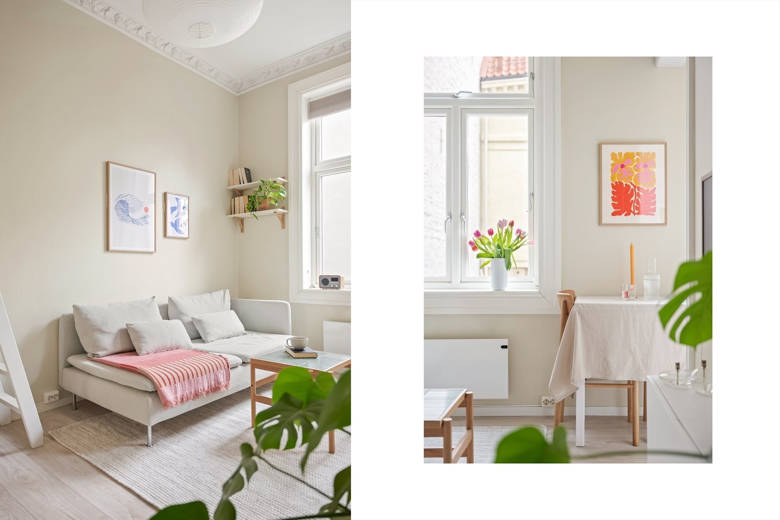 Leiligheten er lys og innbydende med klassiske detaljer som stukkatur og rosett i himlingen. Galleribilde