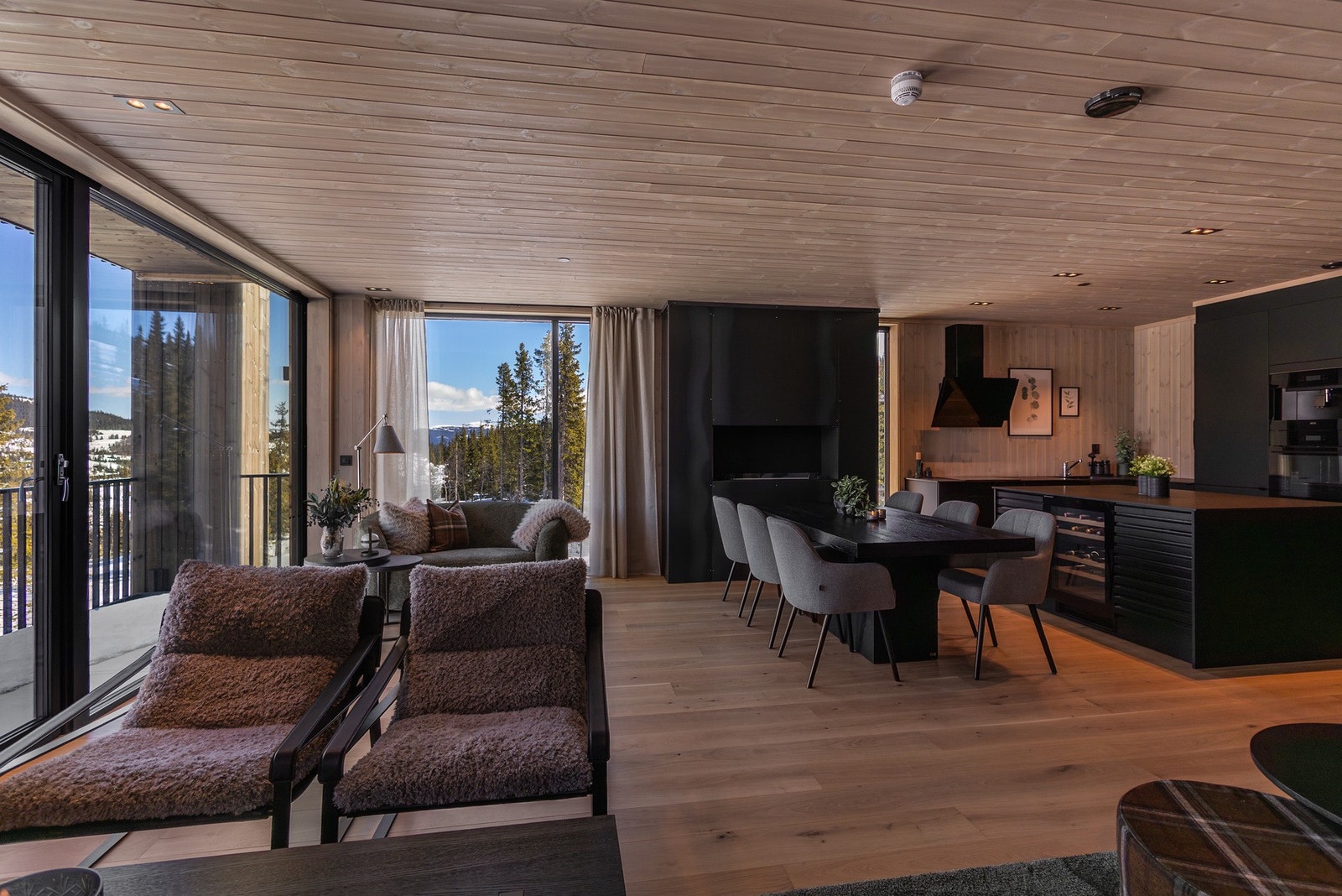 Rommet har god plass til både sofagruppe og spisebord, og den elegante, innebygde bioetanolpeisen fra Planika skaper en lun og stemningsfull atmosfære. Galleribilde