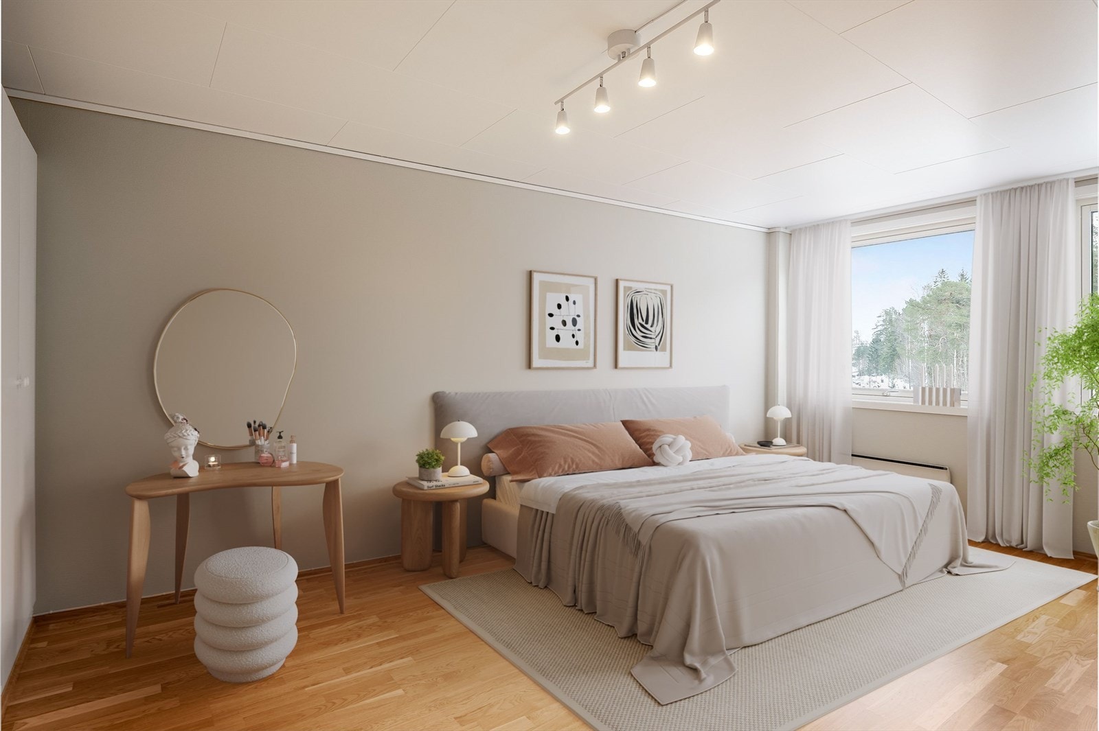 Leiligheten har et soverom av ogd størrelse. Vinduene vender mot den rolige bakgården og gir fint utsyn mot skogsområder. Galleribilde