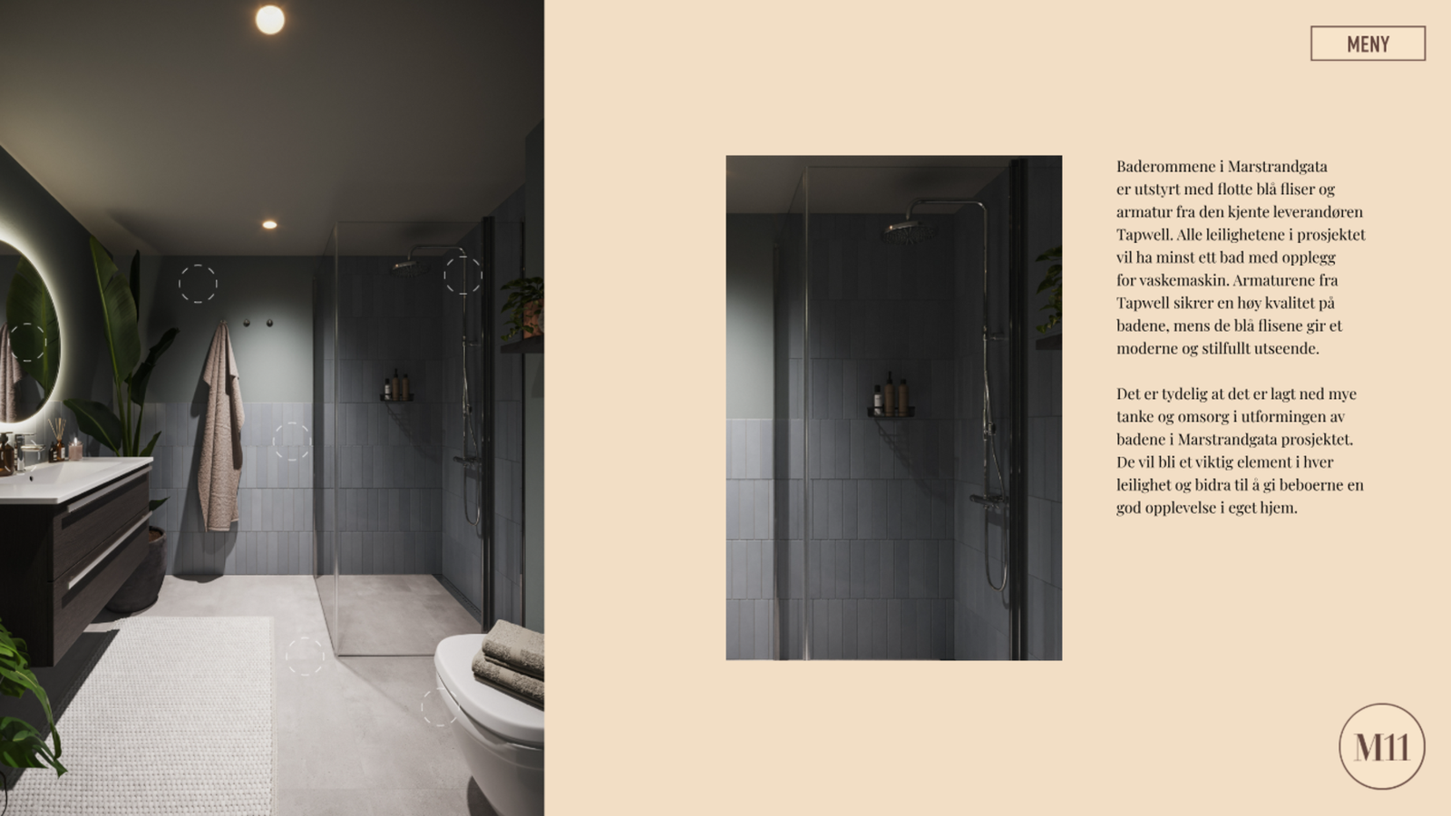 Bad leveres med moderne og tidløse materialvalg, med veggfliser i Tono Blue-format og slitesterke gulvflater. Utstyrt med vegghengt toalett fra Grohe, servantmøbel med god oppbevaring og speil med integrert belysning. Galleribilde