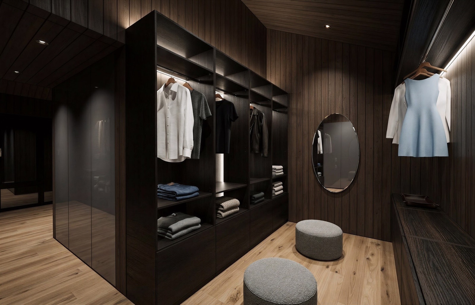 Eksklusiv walk-in garderobe tilknyttet master - skreddersydd oppbevaring med god plass og oversikt Galleribilde