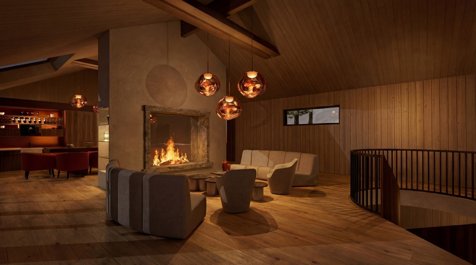 Hytten får lekker åpen peis blir hyttens hjerte som binder stue og kjøkken sammen med varme og atmosfære (illustrasjon, avvik kan forekomme) Galleribilde